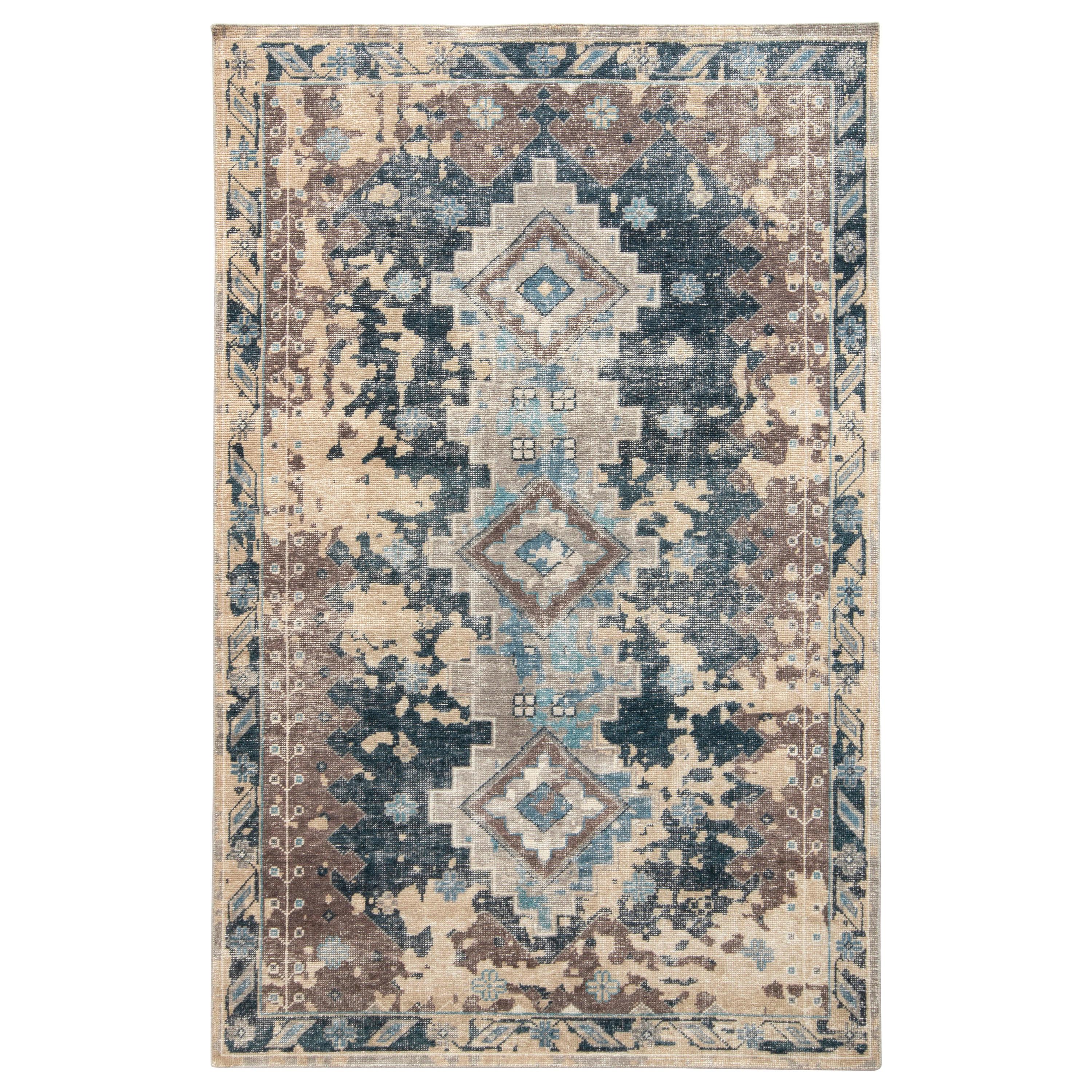 Rug & Kilim’s Distressed Style Rug in Blue, Beige-Brown Geometric Pattern For Sale