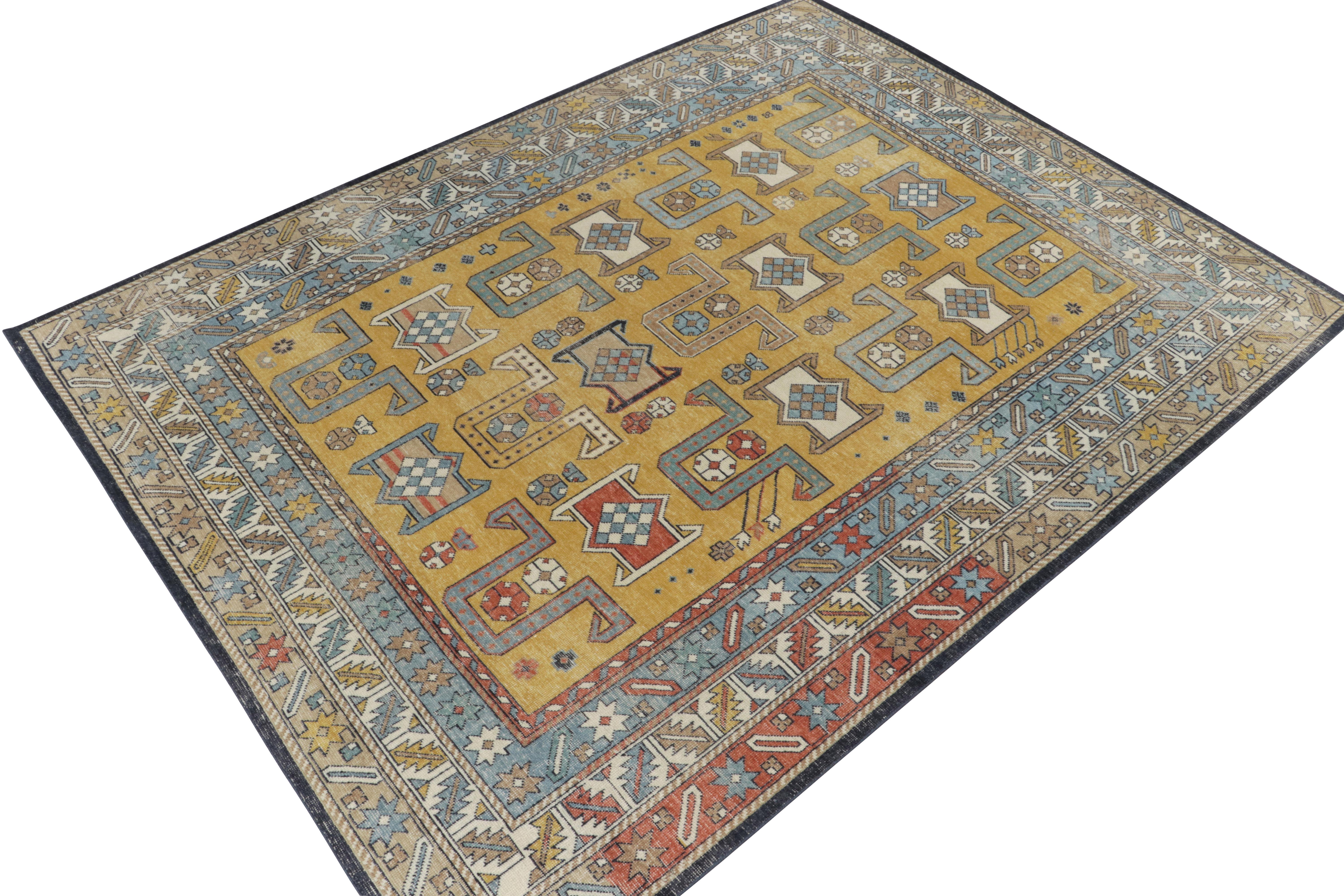 Tribal Rug & Kilim's Distressed Style Rug in Blue, Gold and Beige Geometric Pattern For Sale