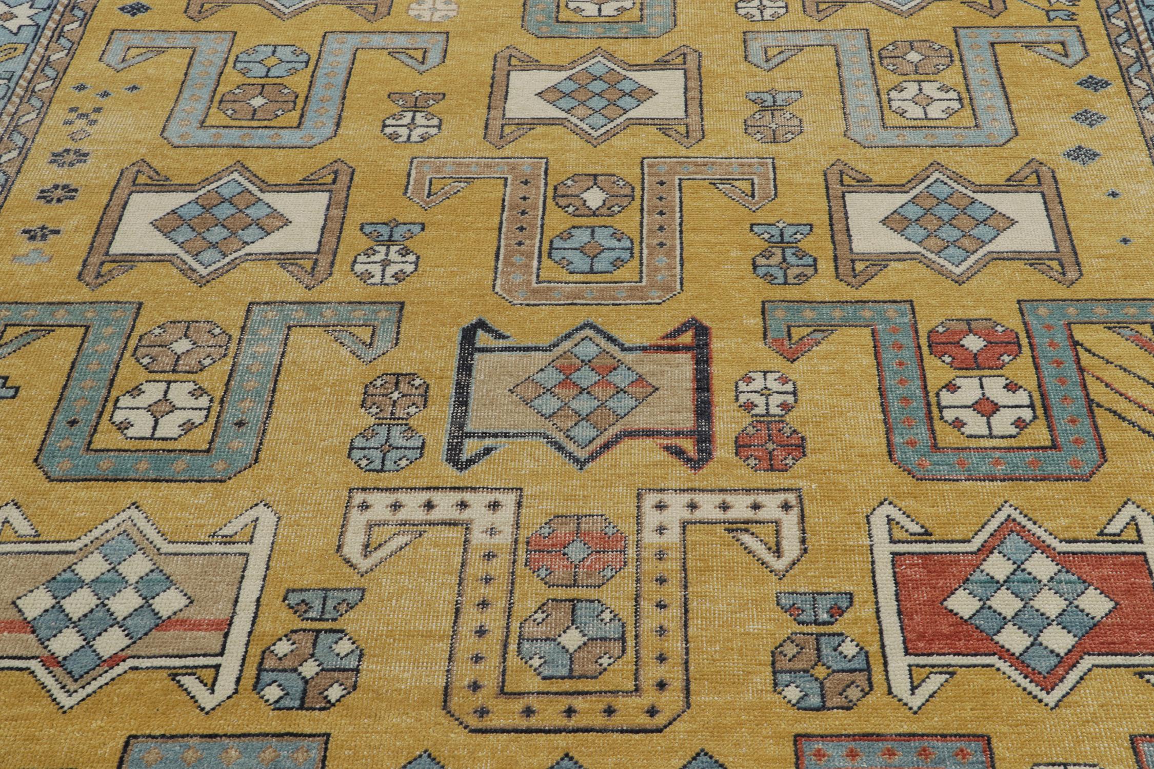 Hand-Knotted Rug & Kilim's Distressed Style Rug in Blue, Gold and Beige Geometric Pattern For Sale