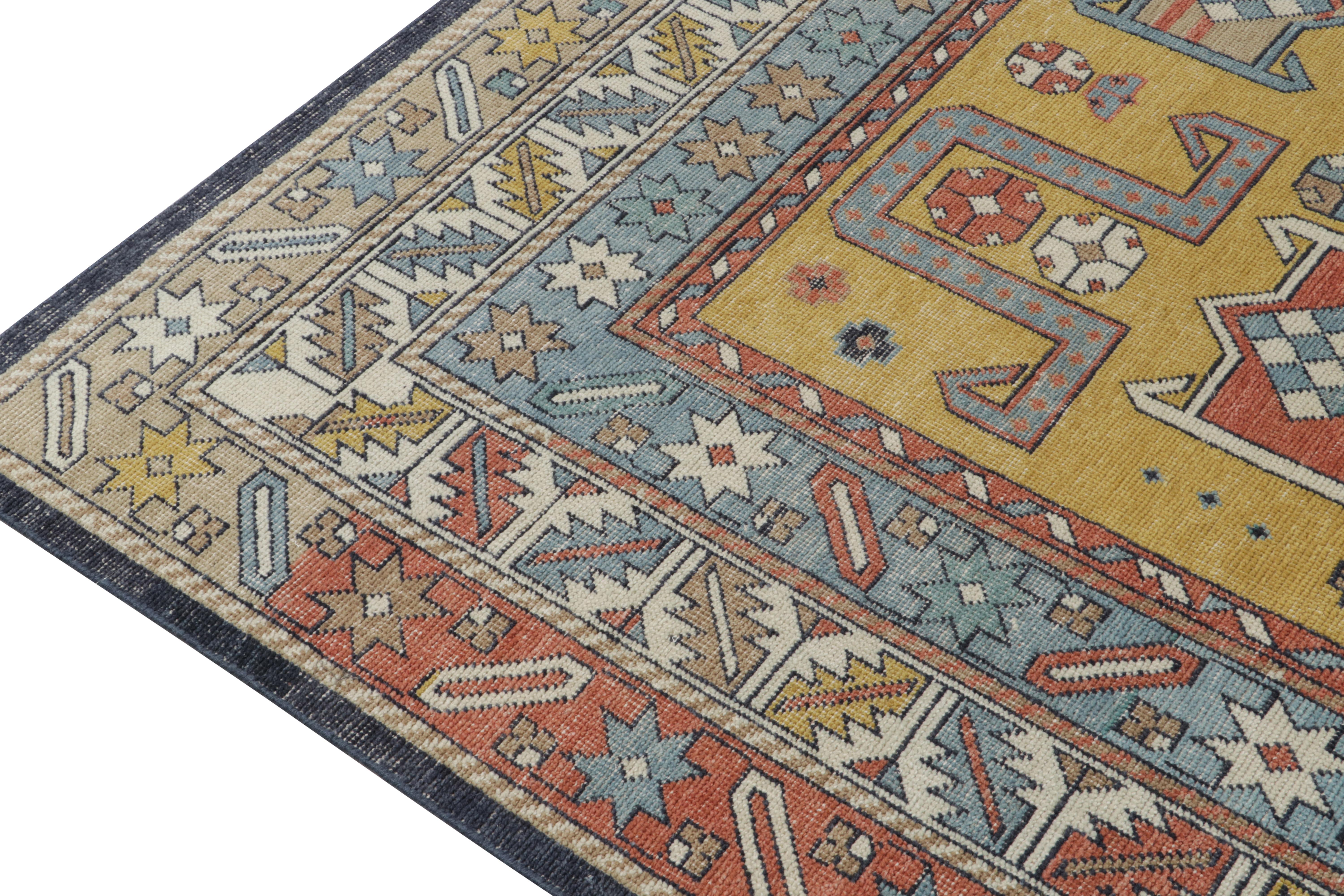 Rug & Kilim's Distressed Style Rug in Blue, Gold and Beige Geometric Pattern In New Condition For Sale In Long Island City, NY