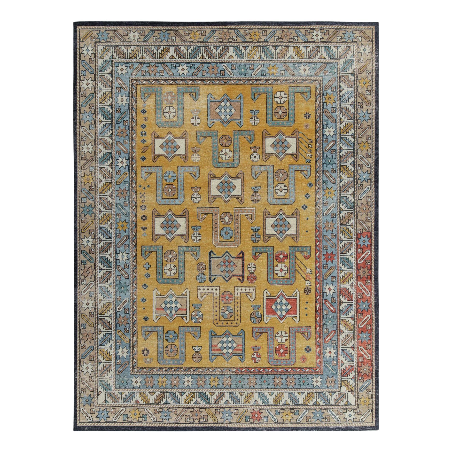 Rug & Kilim's Distressed Style Teppich in Blau, Gold und Beige Geometrisches Muster