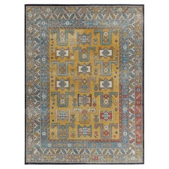 Tapis & Kilim's Tapis de style vieilli à motifs géométriques bleu, or et beige