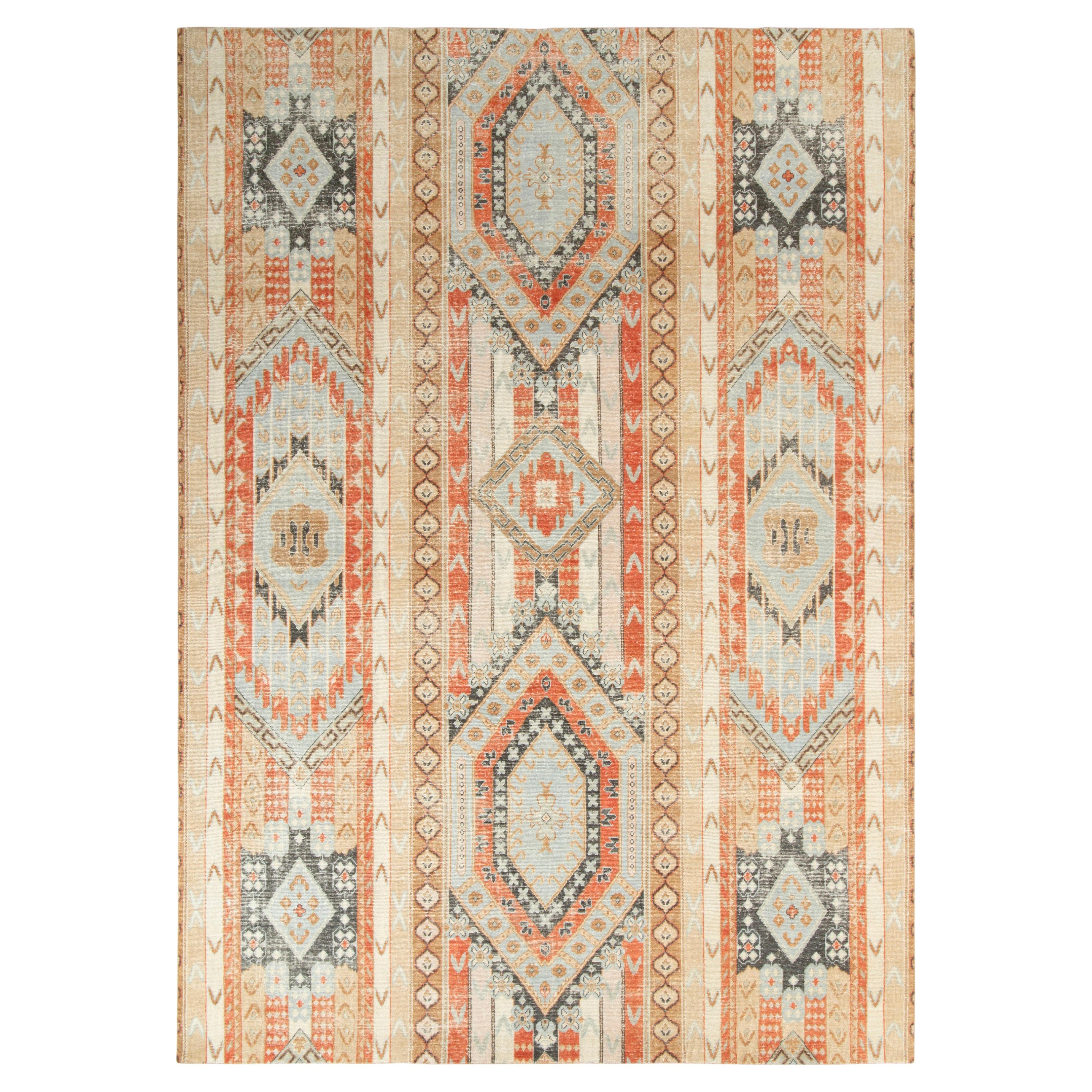 Rug & Kilim’s Distressed Style Rug in Blue, Grey Geometric Pattern