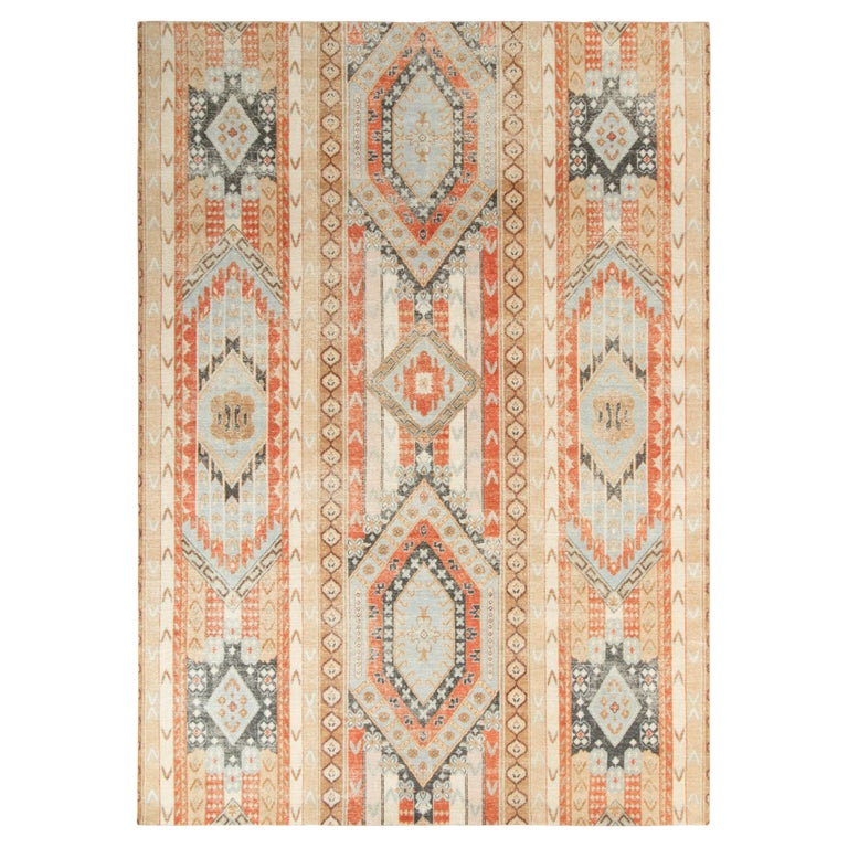 Rug and Kilim’s Distressed Style Rug in Blue, Grey Geometric Pattern