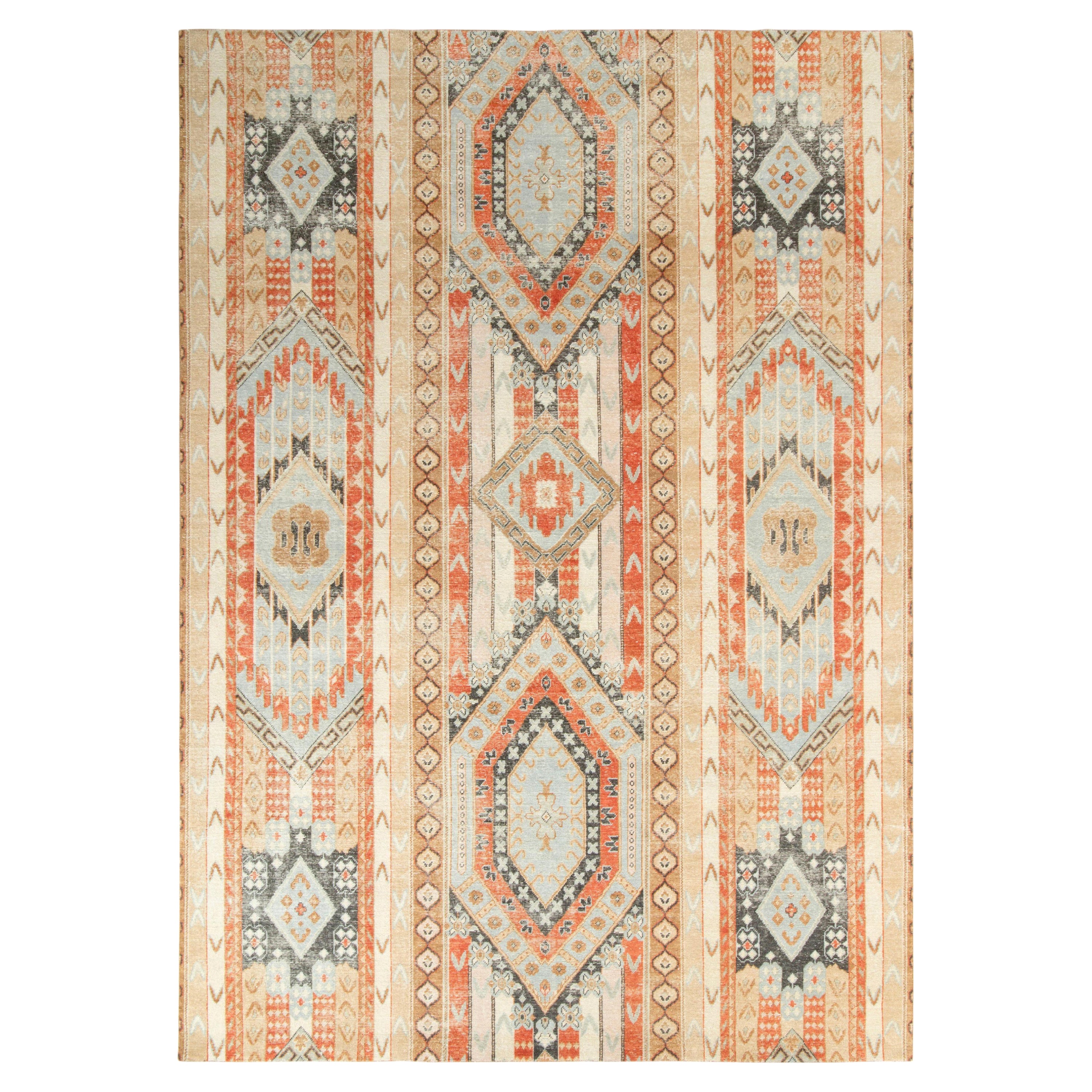 Rug & Kilim’s Distressed Style Rug in Blue, Grey Geometric Pattern For Sale