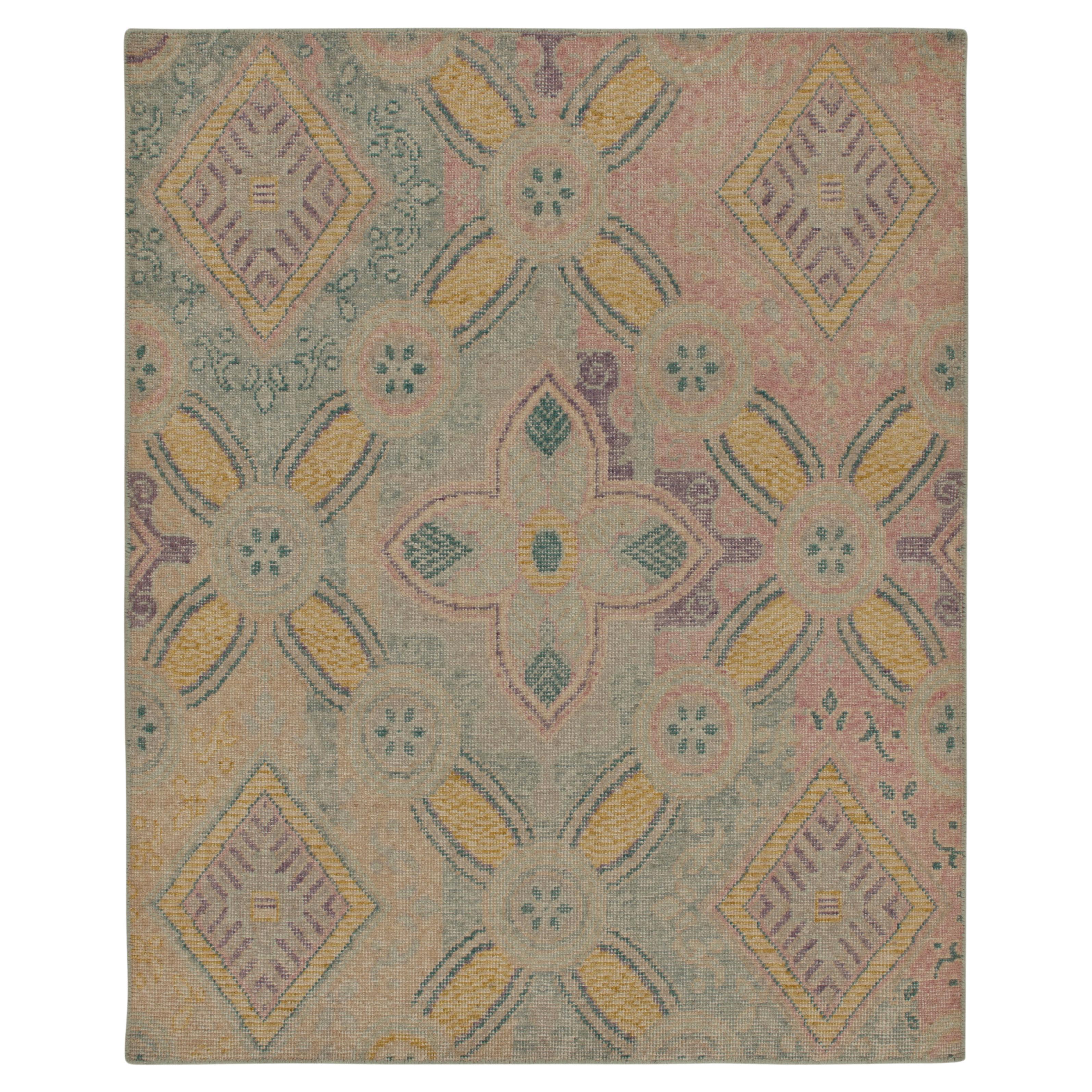 Rug & Kilim’s Distressed Style Rug in Blue, Pink, Gold Trellises For Sale