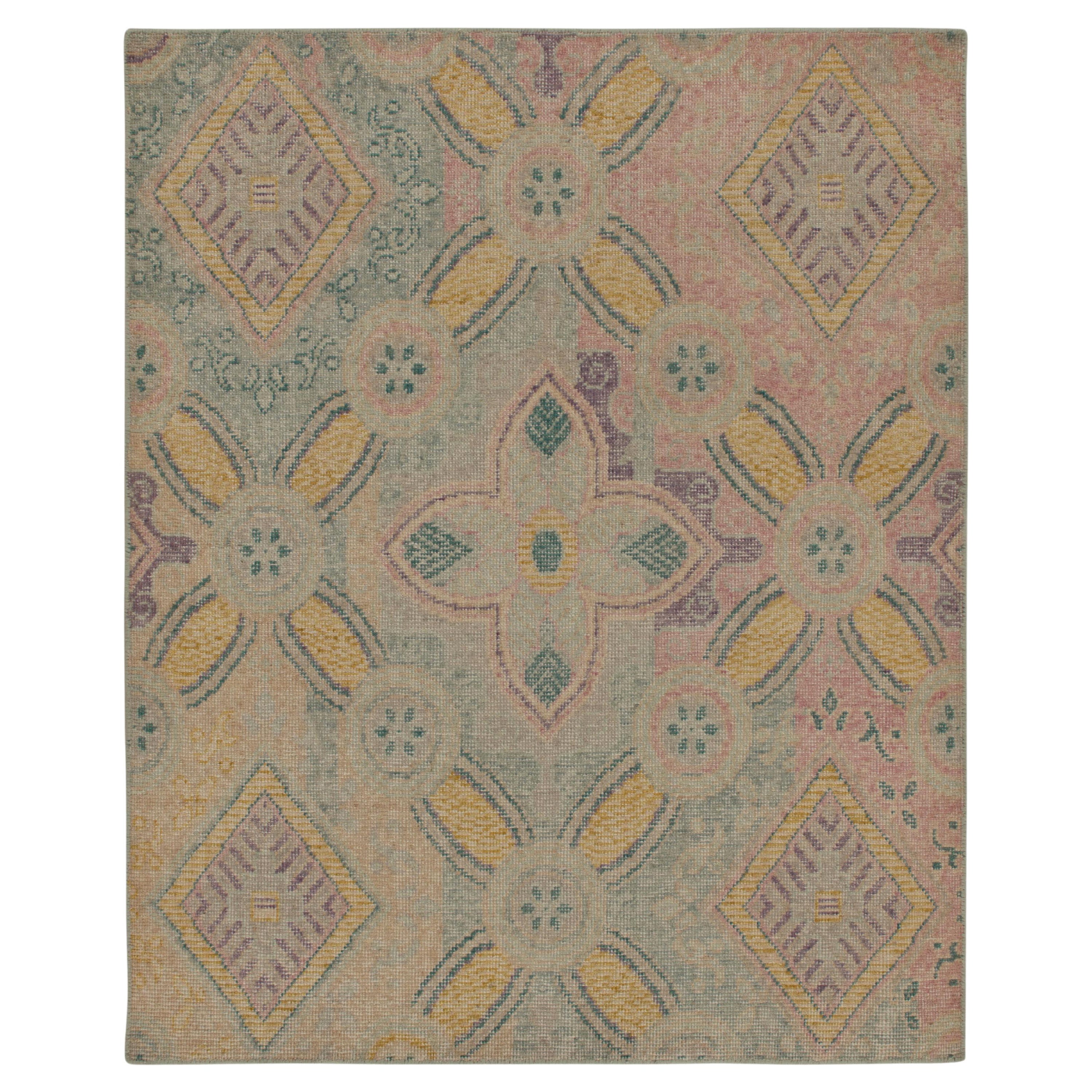 Rug & Kilim’s Distressed Style Rug in Blue, Pink, Gold Trellises