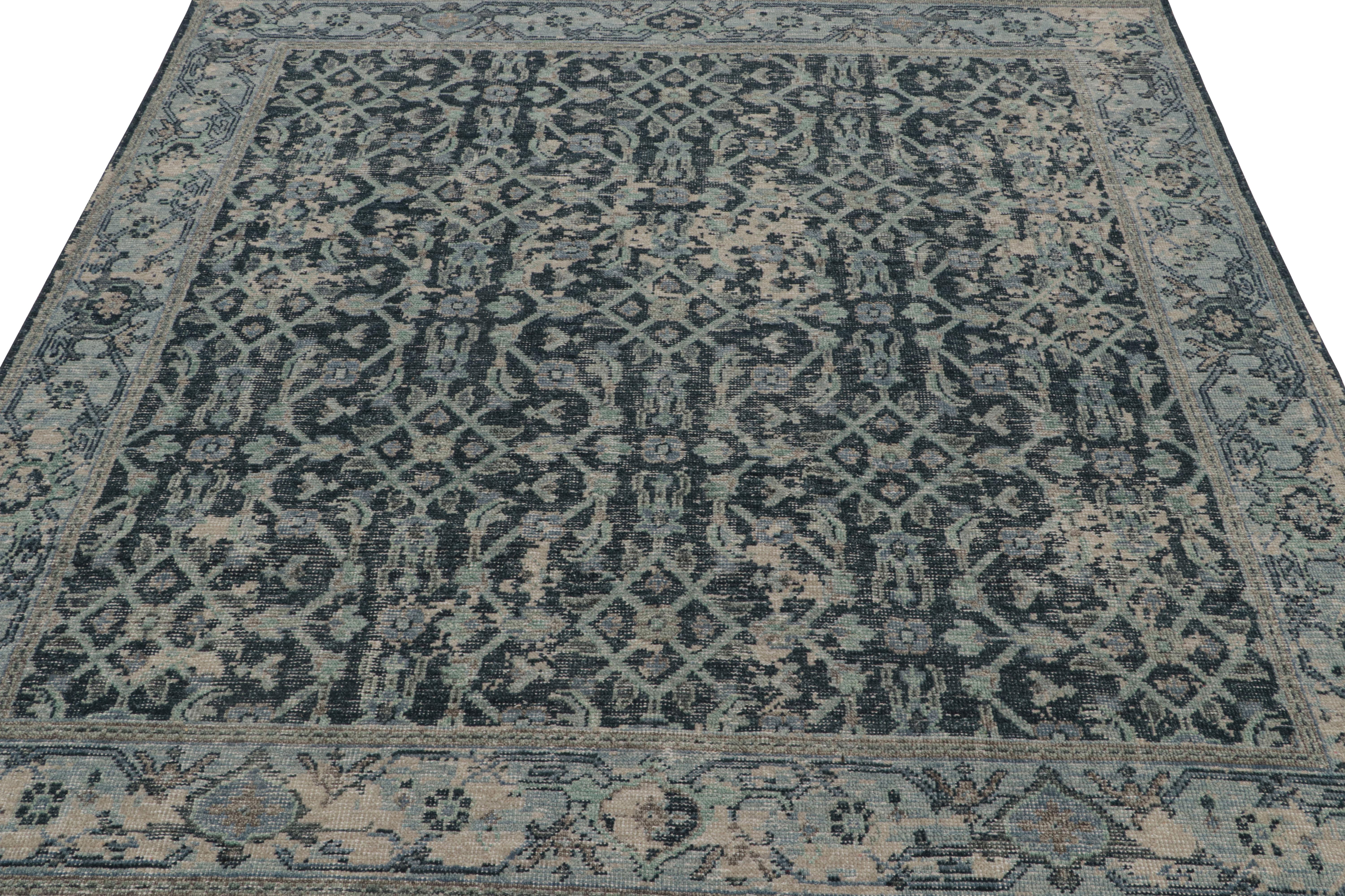 Indian Rug & Kilim’s Distressed Style Rug in Blue with Floral Patterns For Sale