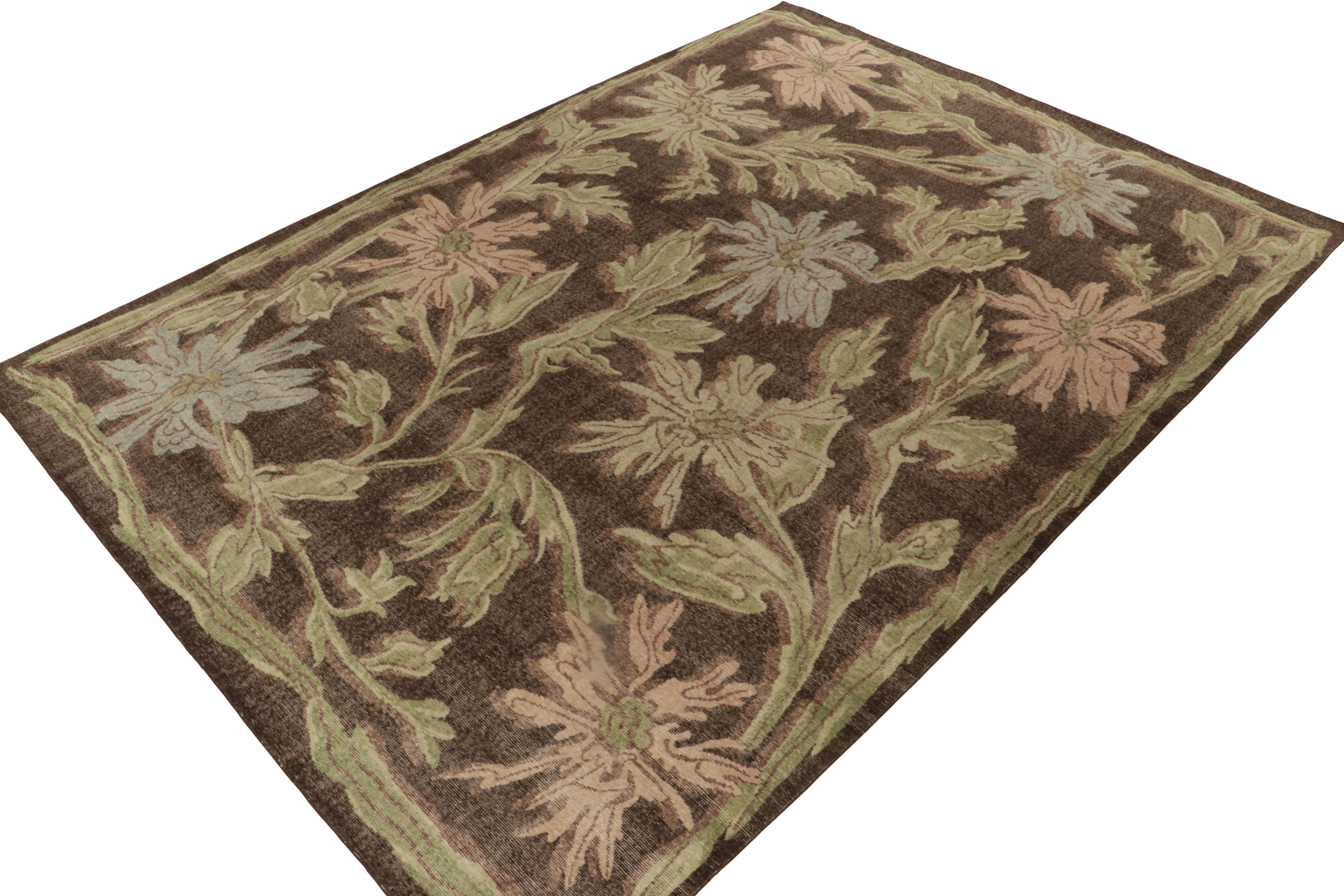 From Rug & Kilim’s Homage Collection, a 10x14 hand-knotted wool rug recapturing whimsical botanical designs in a delicious new texture. 

On the Design: 

This contemporary piece enjoys a play of chocolate brown & green with pink & blue accents in