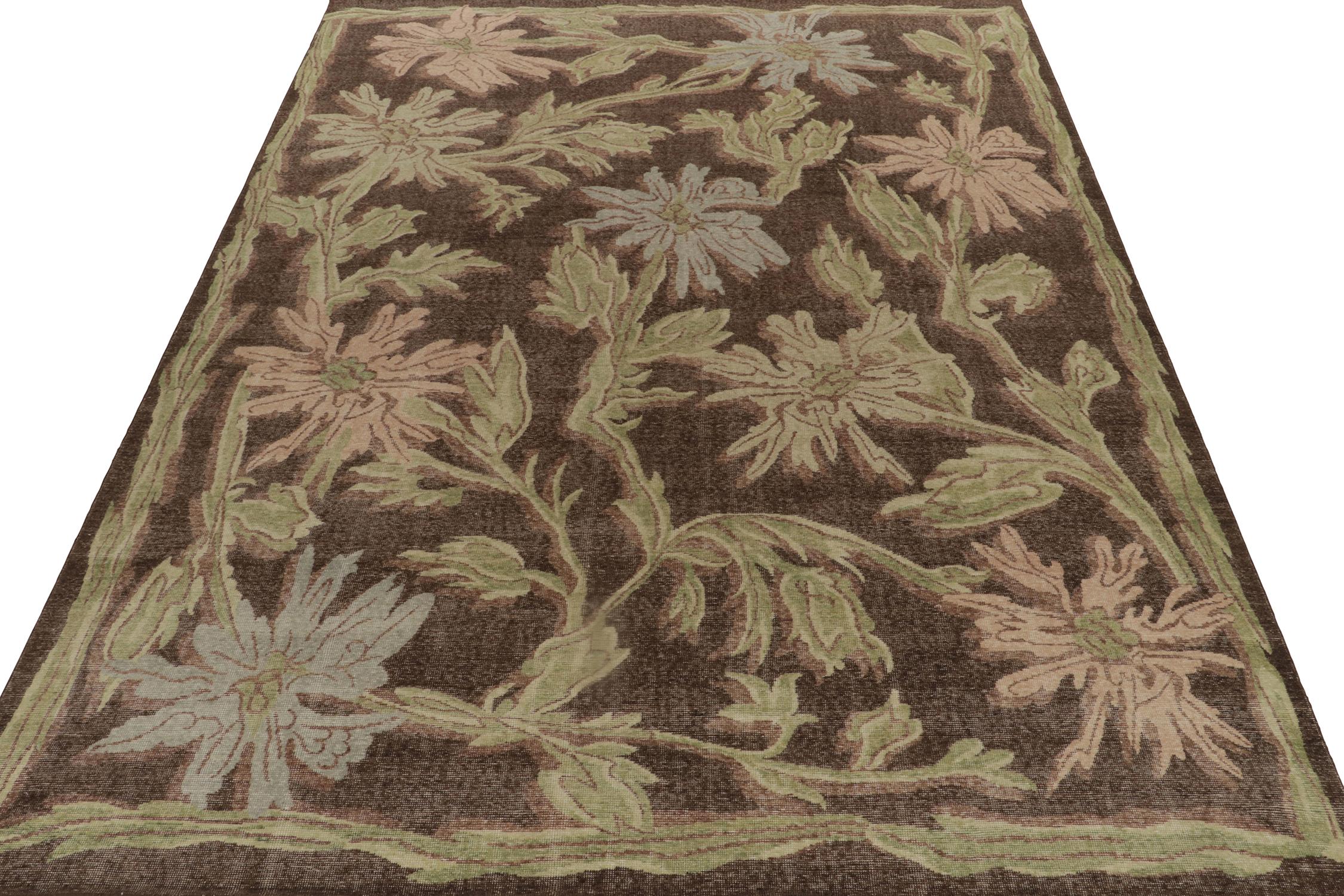 Modern Rug & Kilim’s Distressed Style Rug in Brown and Green Floral Patterns For Sale