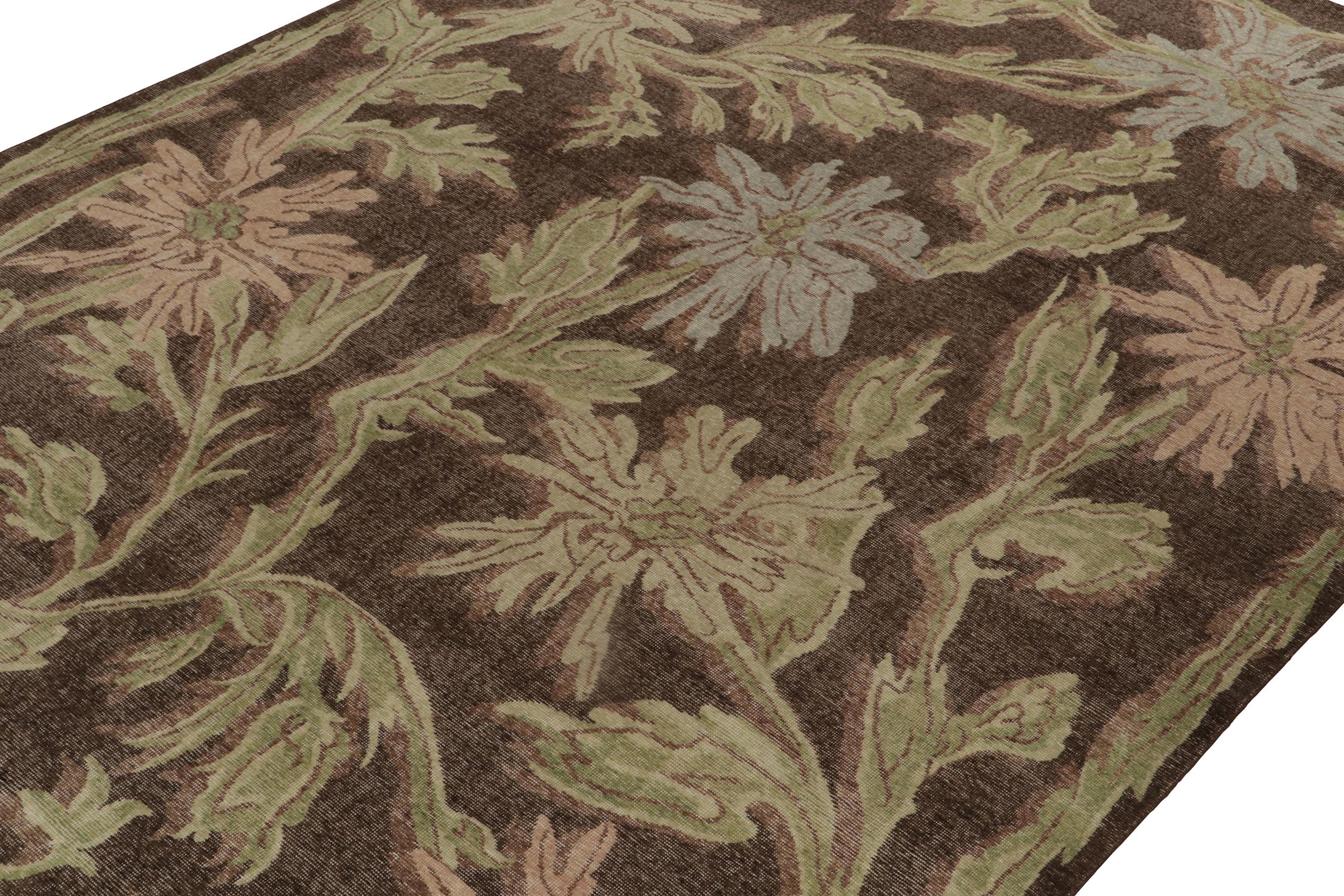 Indian Rug & Kilim’s Distressed Style Rug in Brown and Green Floral Patterns For Sale