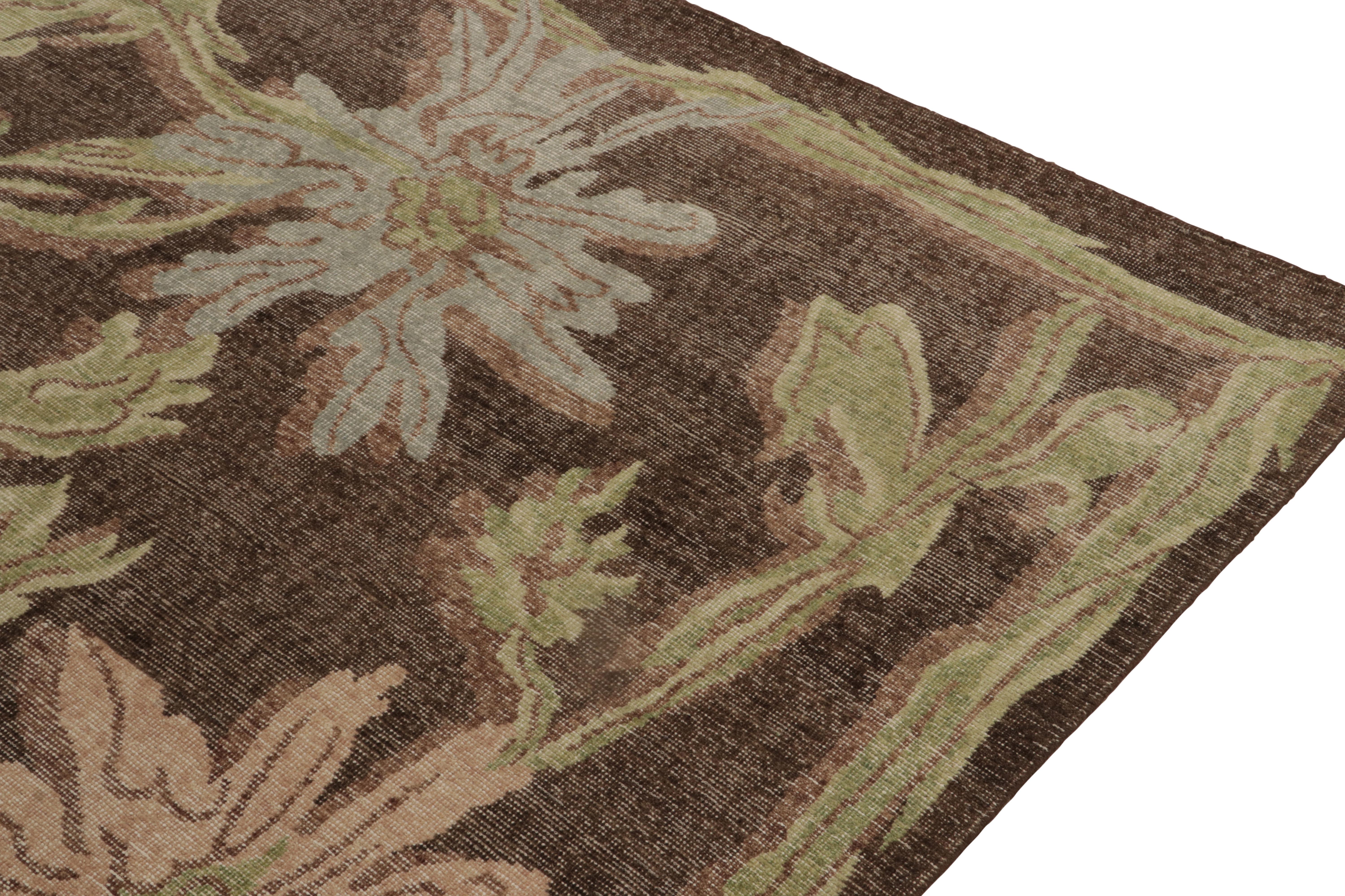 Hand-Knotted Rug & Kilim’s Distressed Style Rug in Brown and Green Floral Patterns For Sale