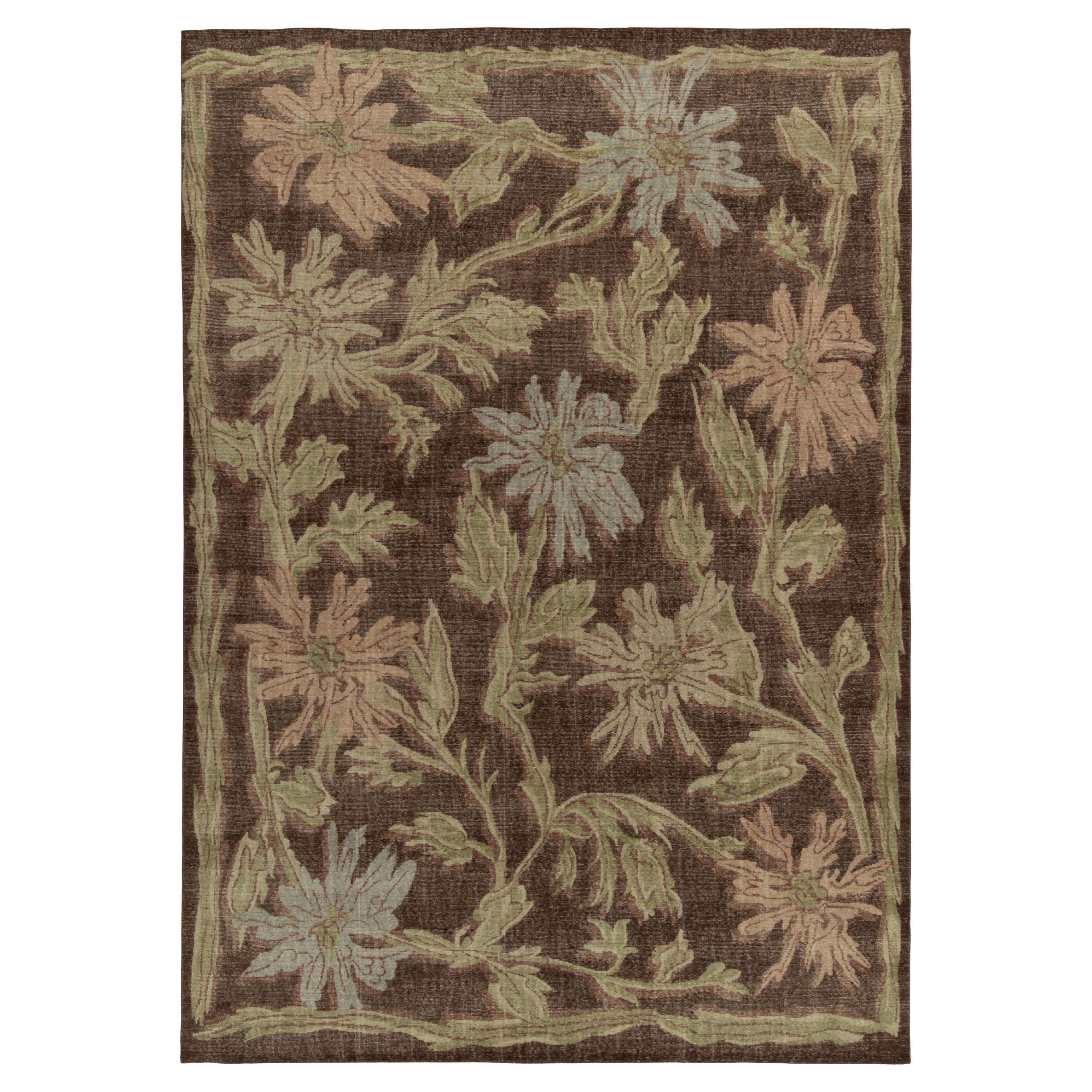 Rug & Kilim’s Distressed Style Rug in Brown and Green Floral Patterns