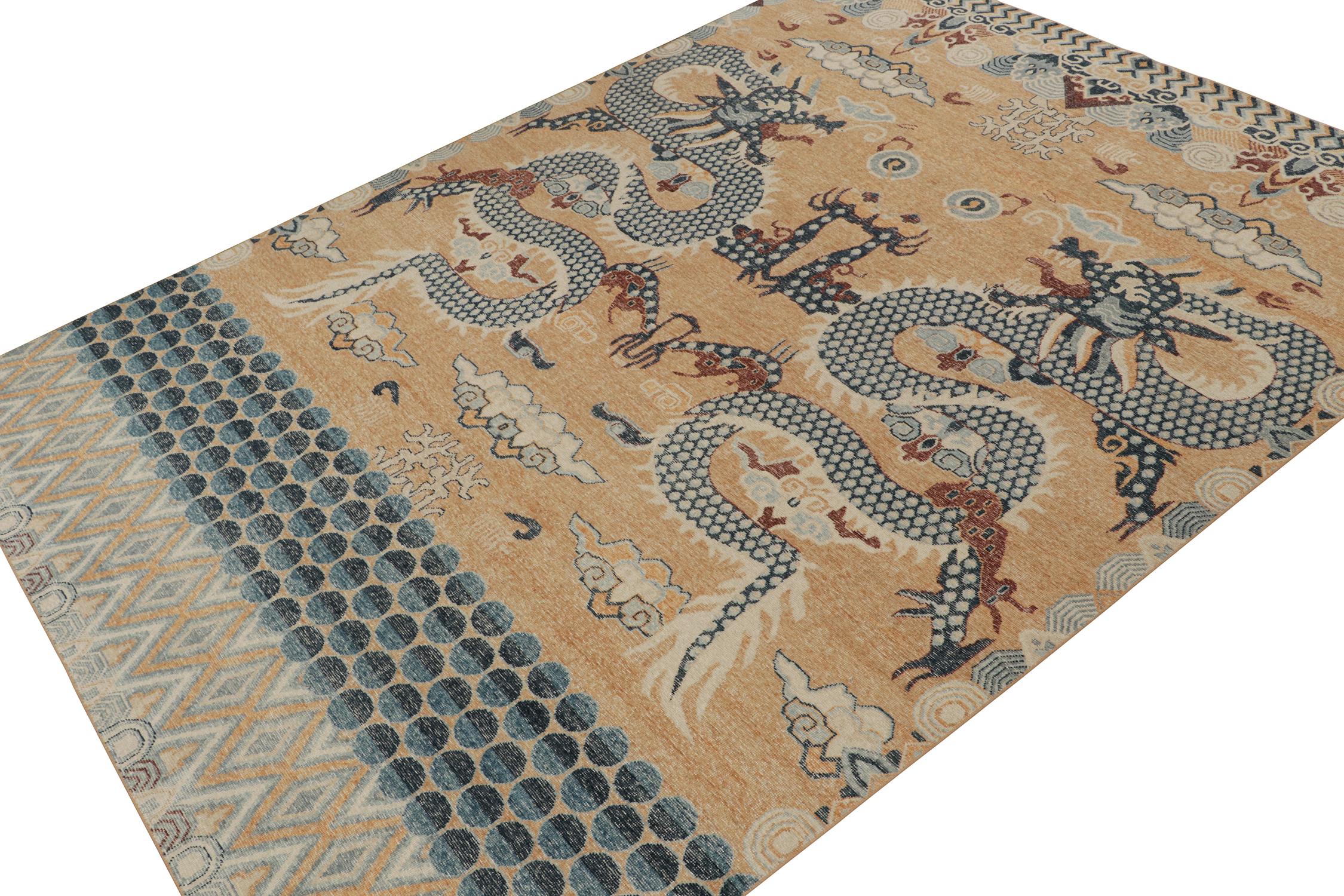 This 10x14 rug from Rug & Kilim’s Homage Collection recaptures the time-honored dragon rug in its glory and rare beauty. Hand-knotted in wool and cotton, our construction is an easy-to-maintain, comfortable wash with great value and approachable,