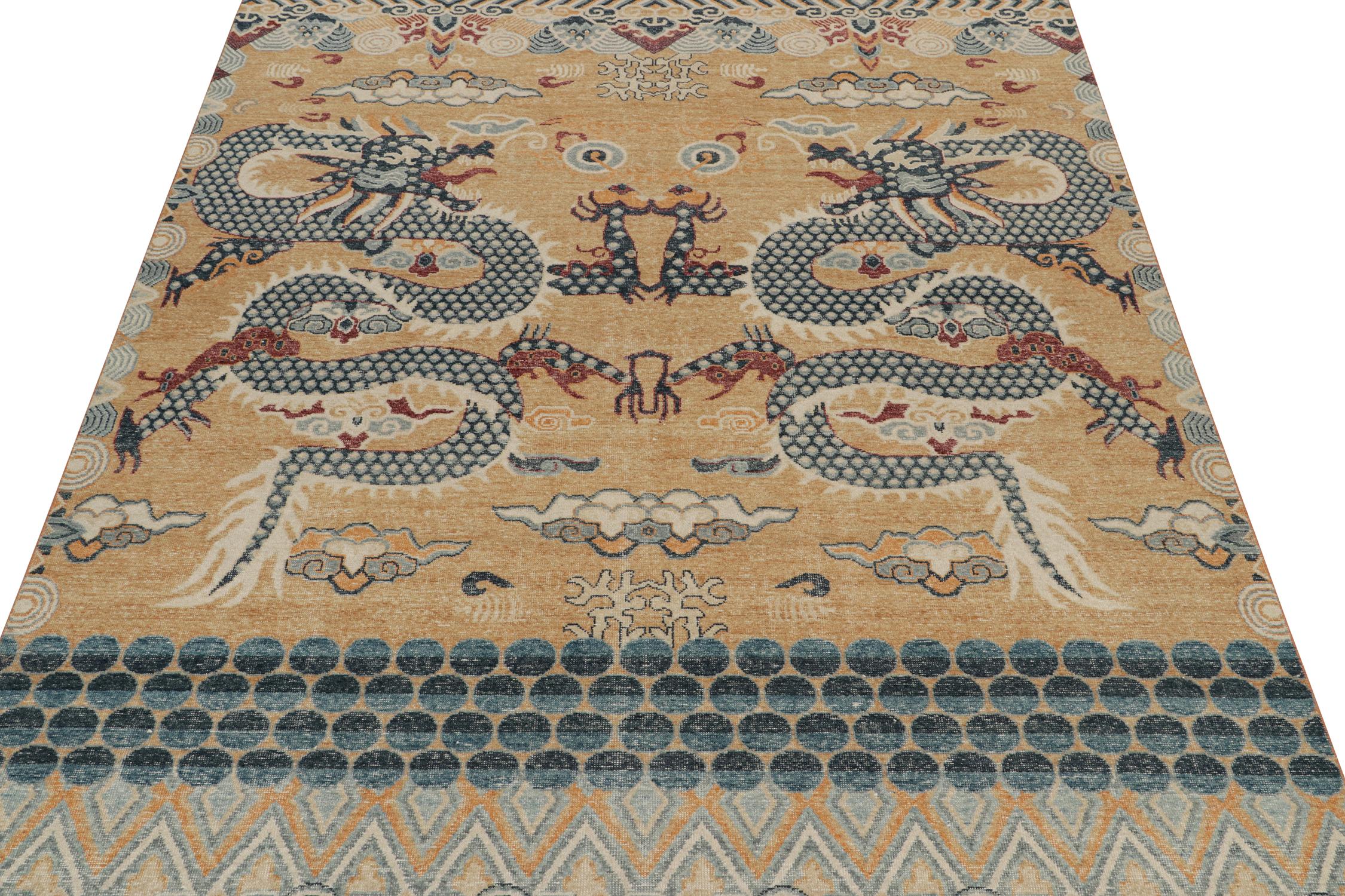 Indian Rug & Kilim’s Distressed Style Rug in Gold, Blue, Red Dragon Pictorial For Sale