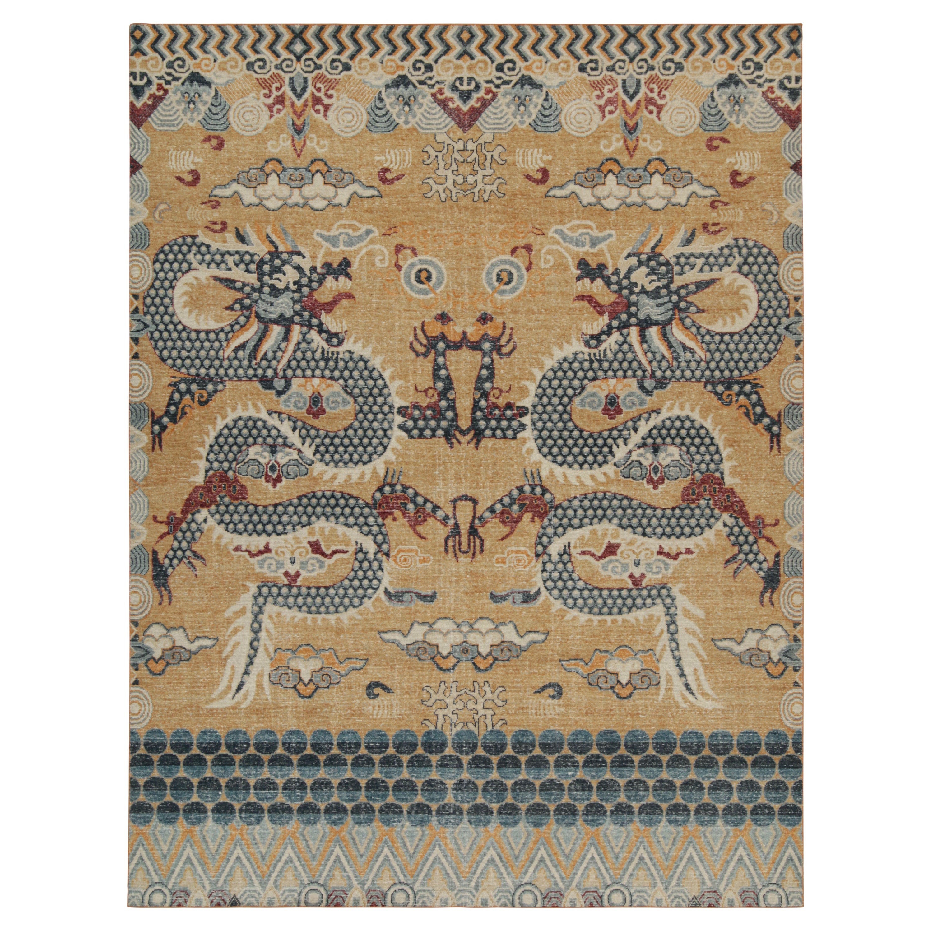 Rug & Kilim: Tappeto in stile Distressed in oro, blu, rosso Dragon Pictorial