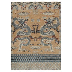 Rug & Kilim’s Distressed Style Rug in Gold, Blue, Red Dragon Pictorial