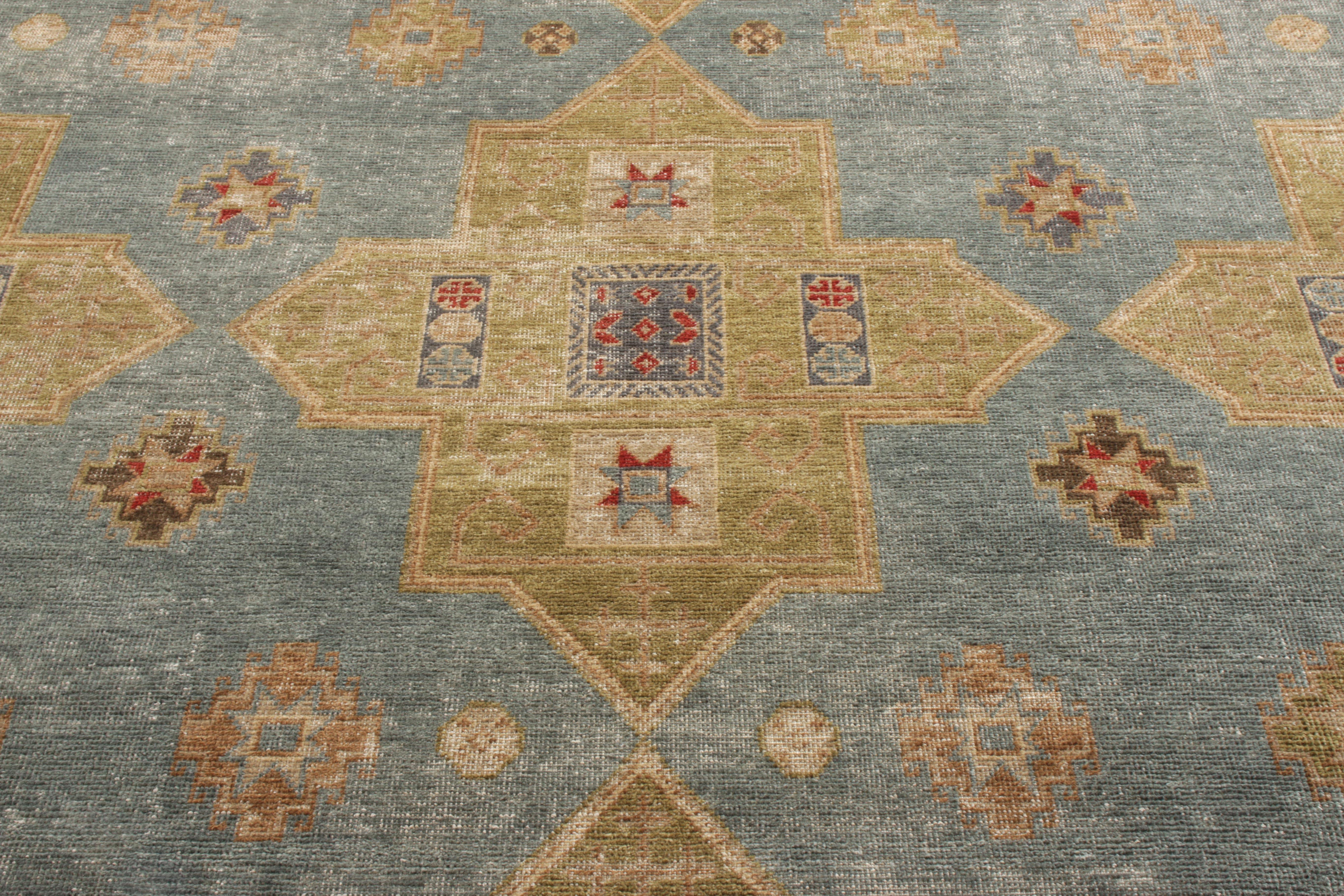 Other Rug & Kilim’s Distressed Style Rug in Green and Blue Geometric pattern For Sale