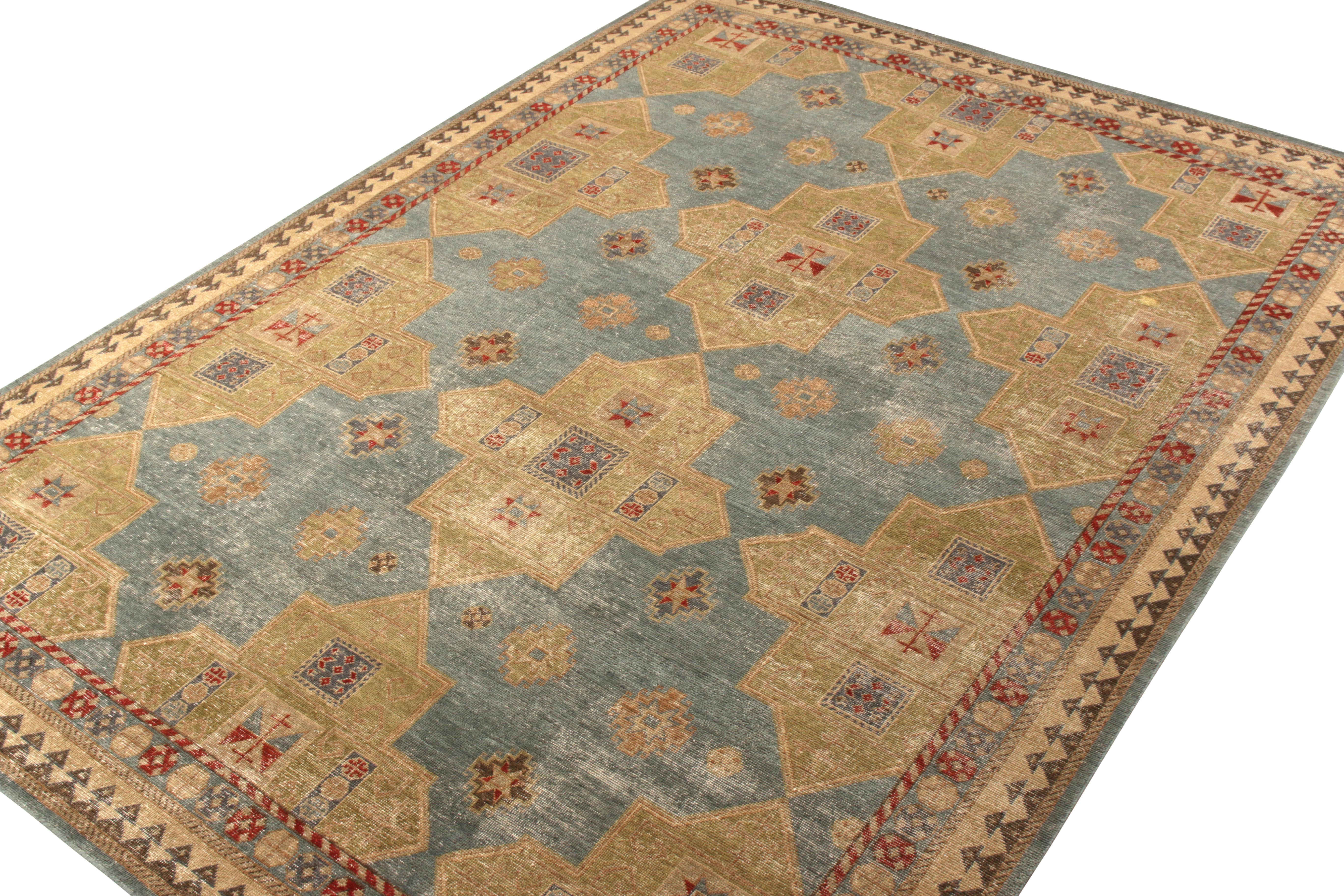 Other Rug & Kilim’s Distressed Style Rug in Green and Blue Geometric Pattern For Sale