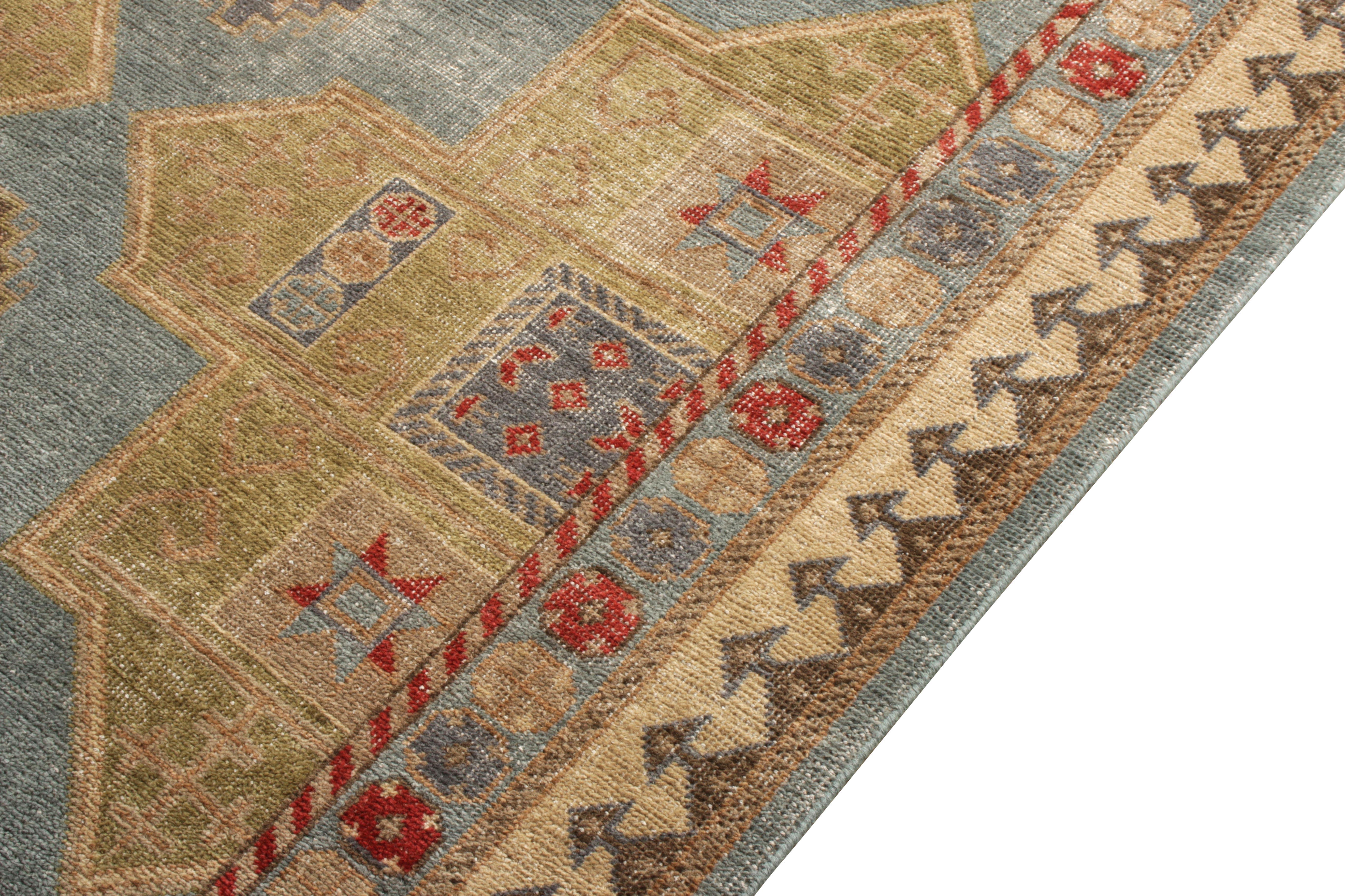Indian Rug & Kilim’s Distressed Style Rug in Green and Blue Geometric pattern For Sale
