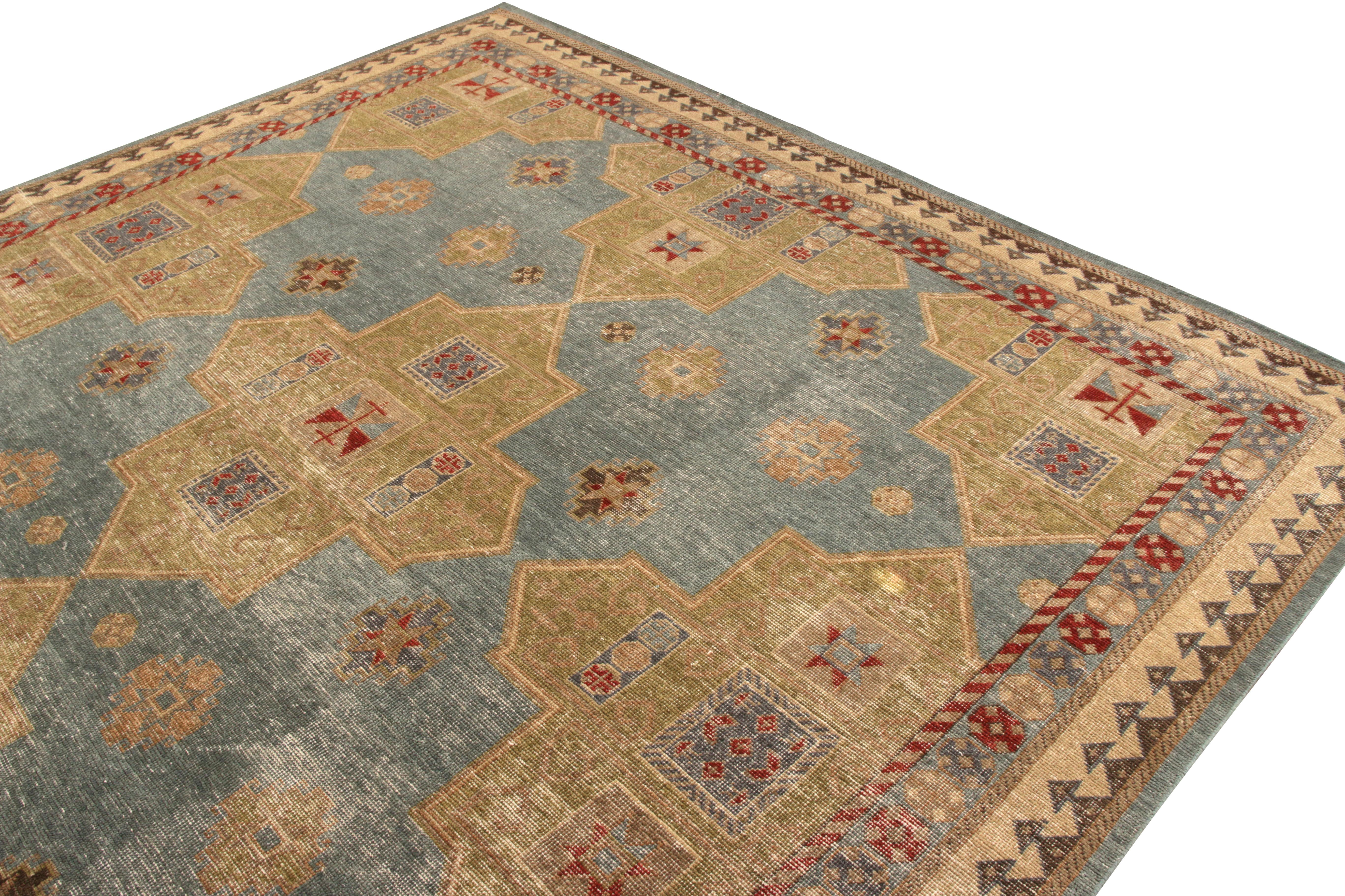 Indian Rug & Kilim’s Distressed Style Rug in Green and Blue Geometric Pattern For Sale
