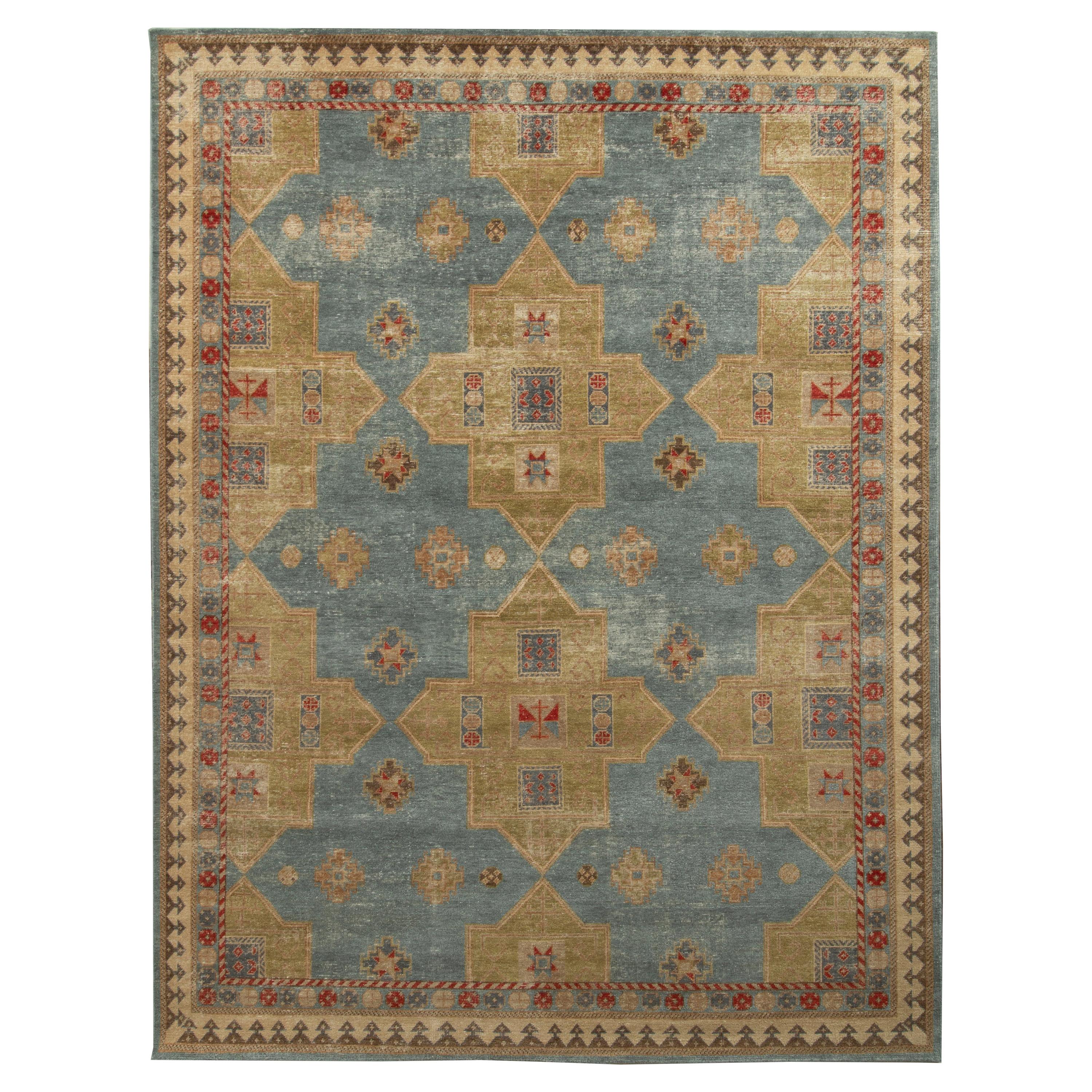 Rug & Kilim’s Distressed Style Rug in Green and Blue Geometric pattern For Sale