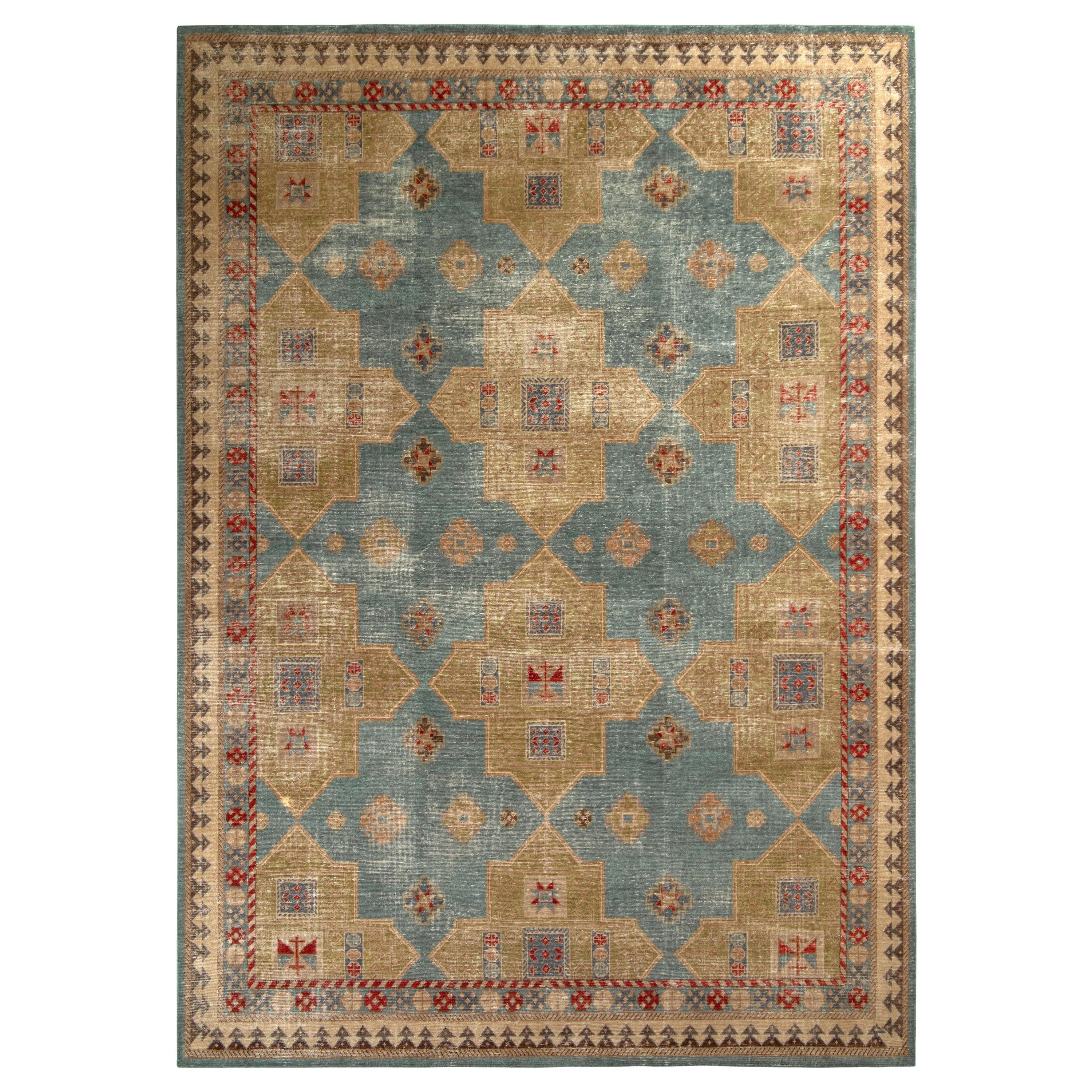 Rug & Kilim’s Distressed Style Rug in Green and Blue Geometric Pattern