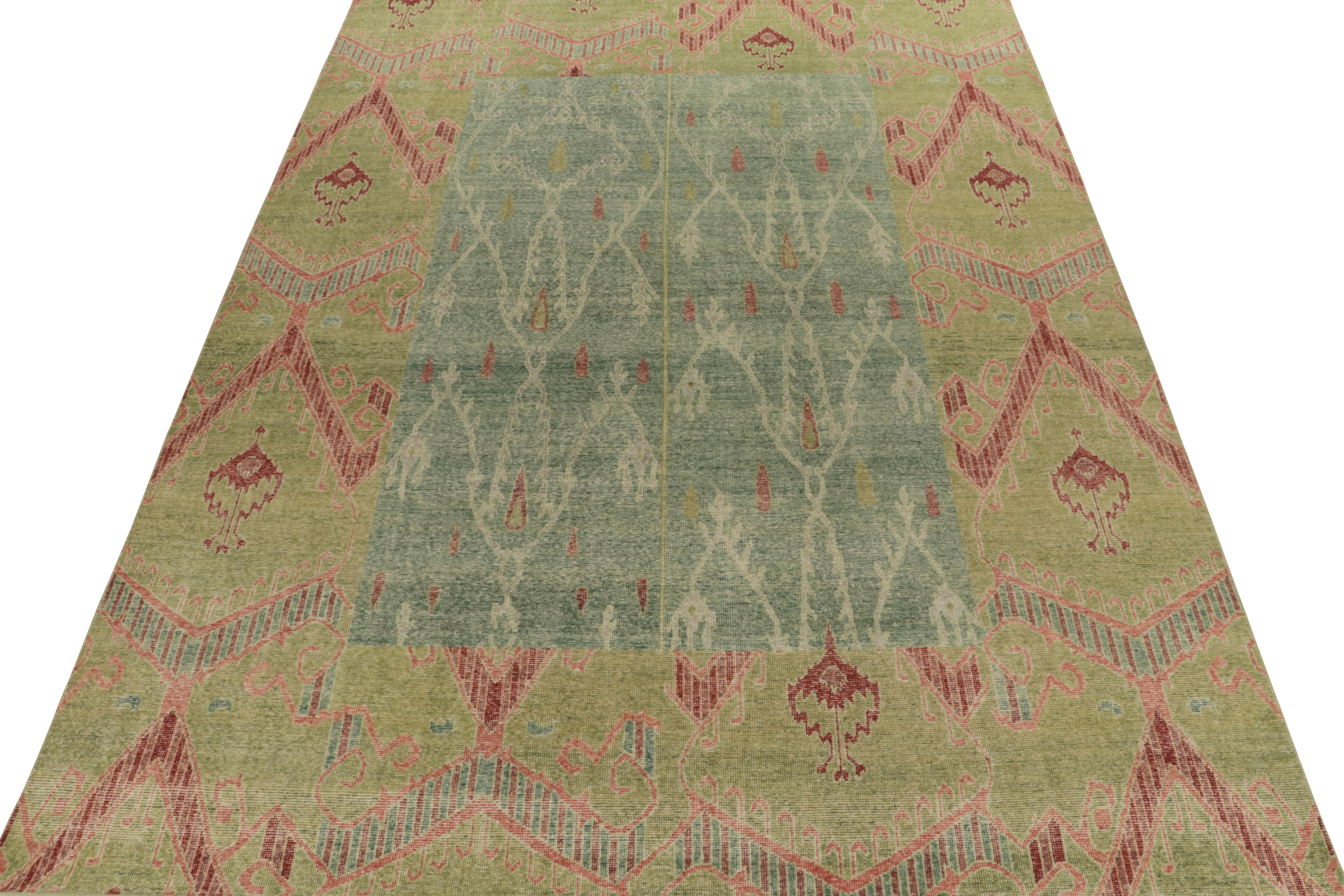 Indian Rug & Kilim’s Distressed Style Rug in Green, Blue and Red Ikats Pattern For Sale