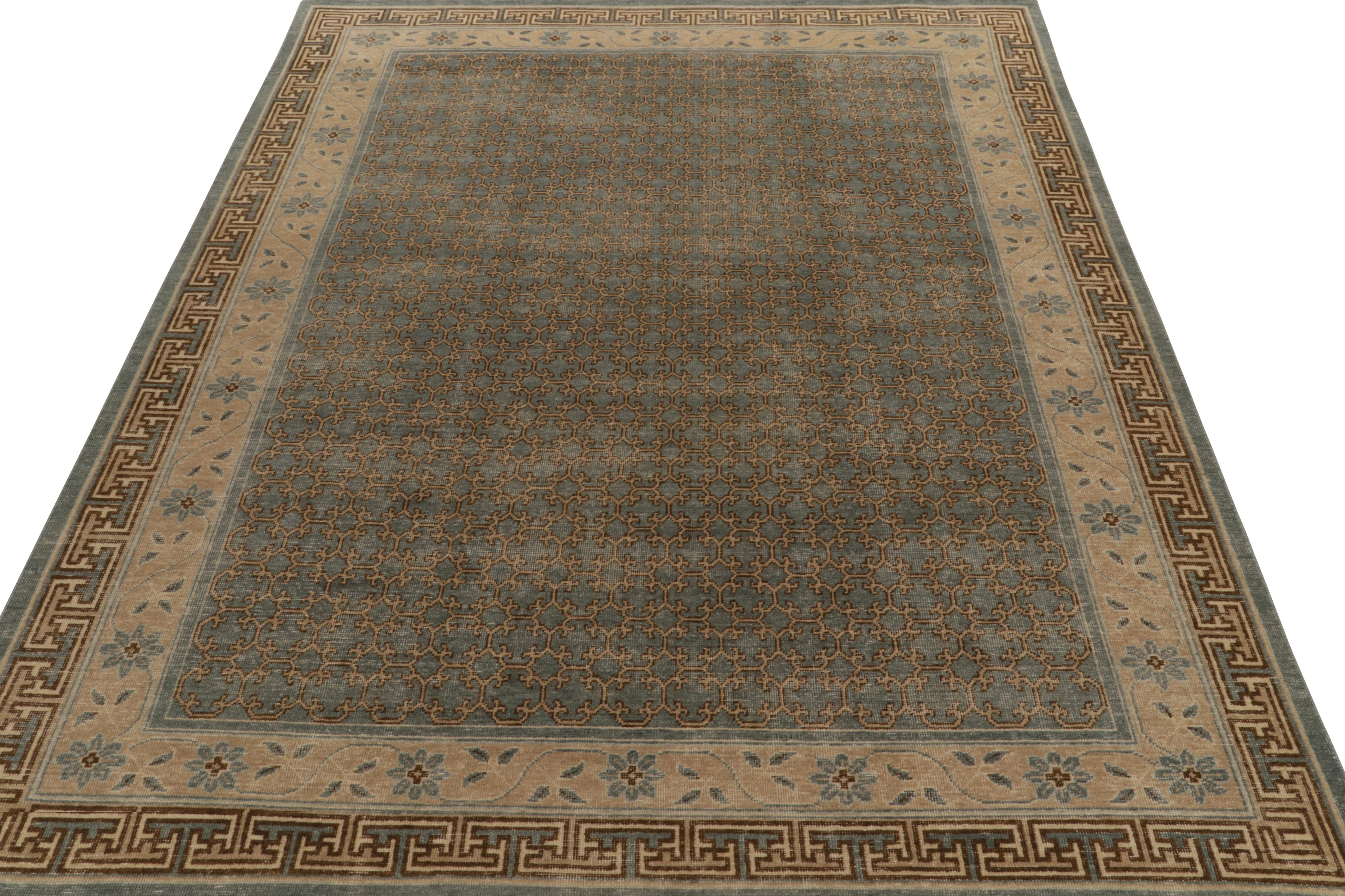 Khotan Rug & Kilim’s Distressed Style Rug in Green, Blue and Red Ikats Pattern For Sale