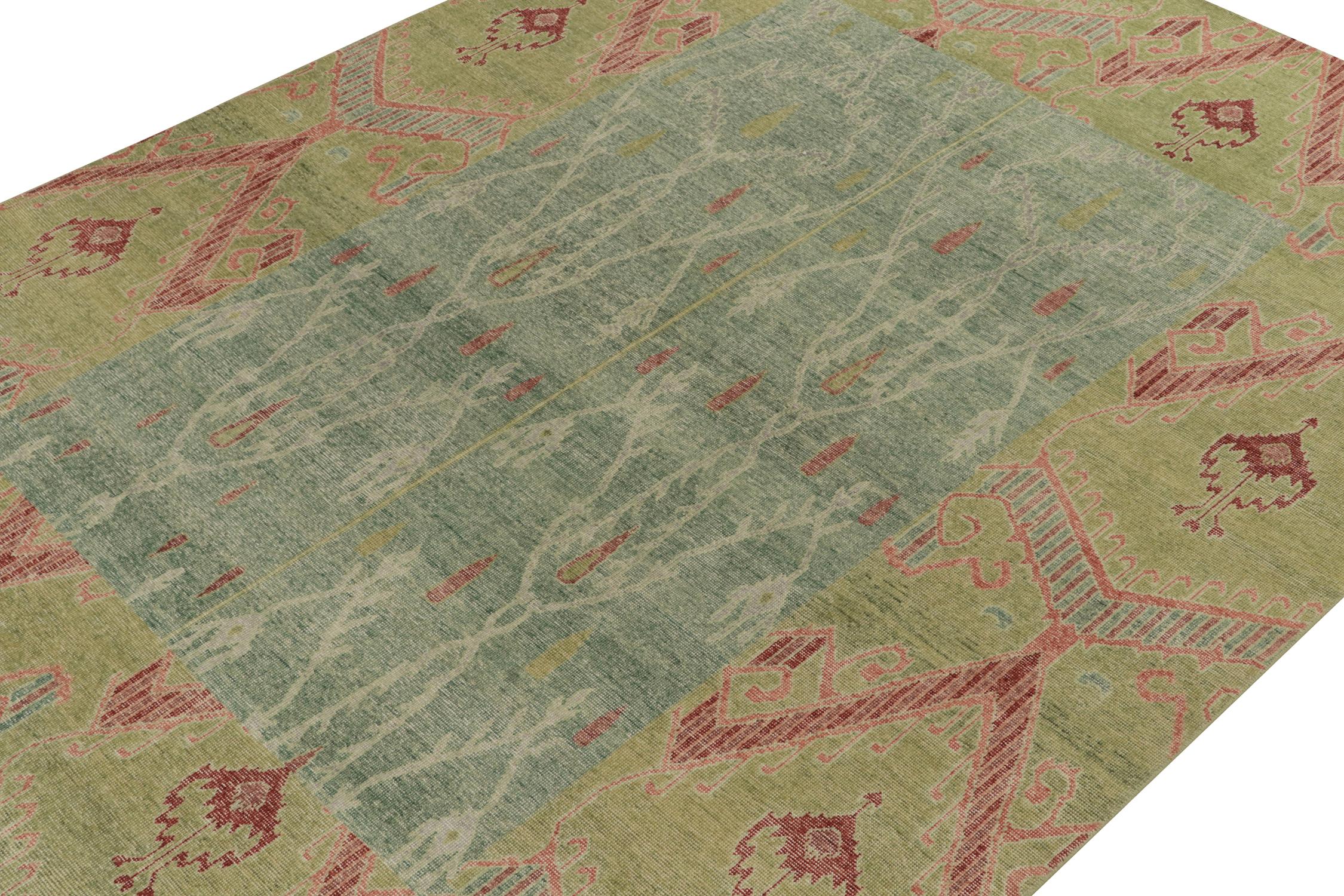 Hand-Knotted Rug & Kilim’s Distressed Style Rug in Green, Blue and Red Ikats Pattern For Sale