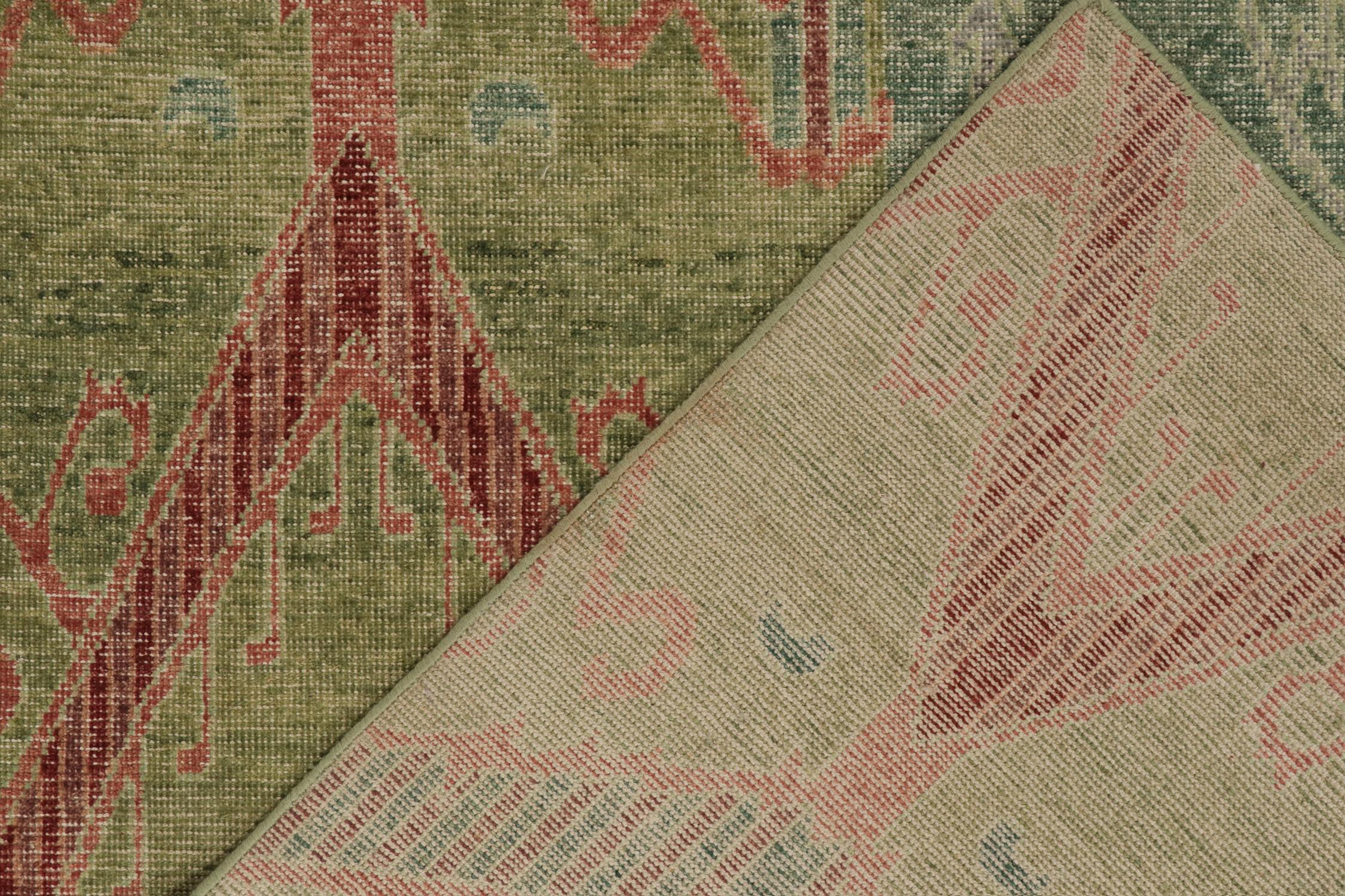 Contemporary Rug & Kilim’s Distressed Style Rug in Green, Blue and Red Ikats Pattern For Sale
