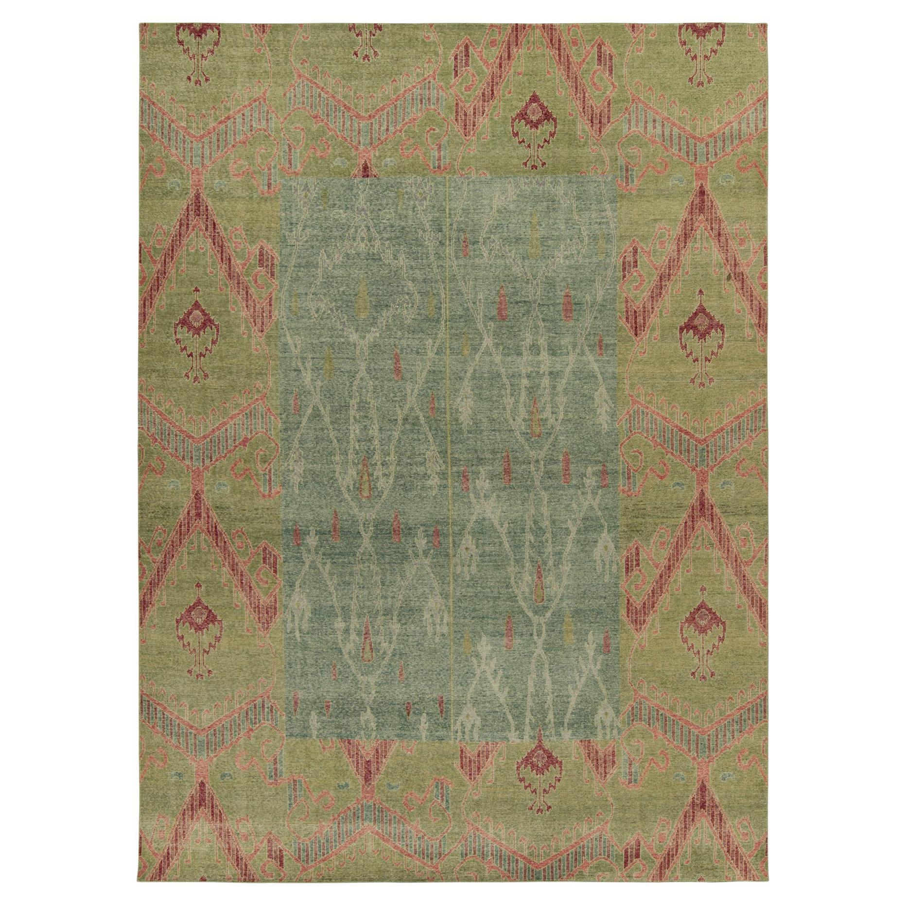 Rug & Kilim’s Distressed Style Rug in Green, Blue and Red Ikats Pattern For Sale