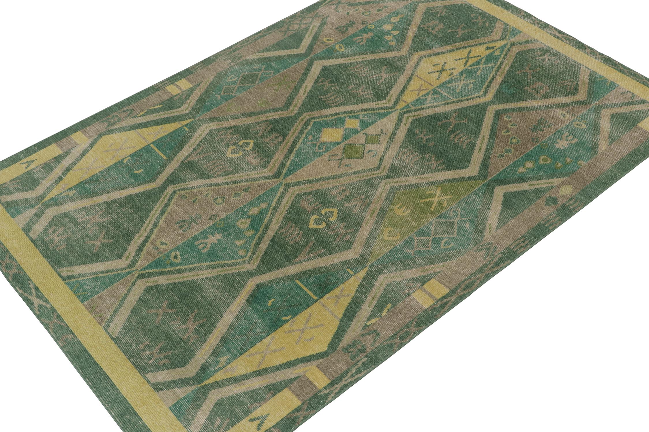 Indian Rug & Kilim’s Distressed Style Rug in Green & Brown Geometric Patterns For Sale