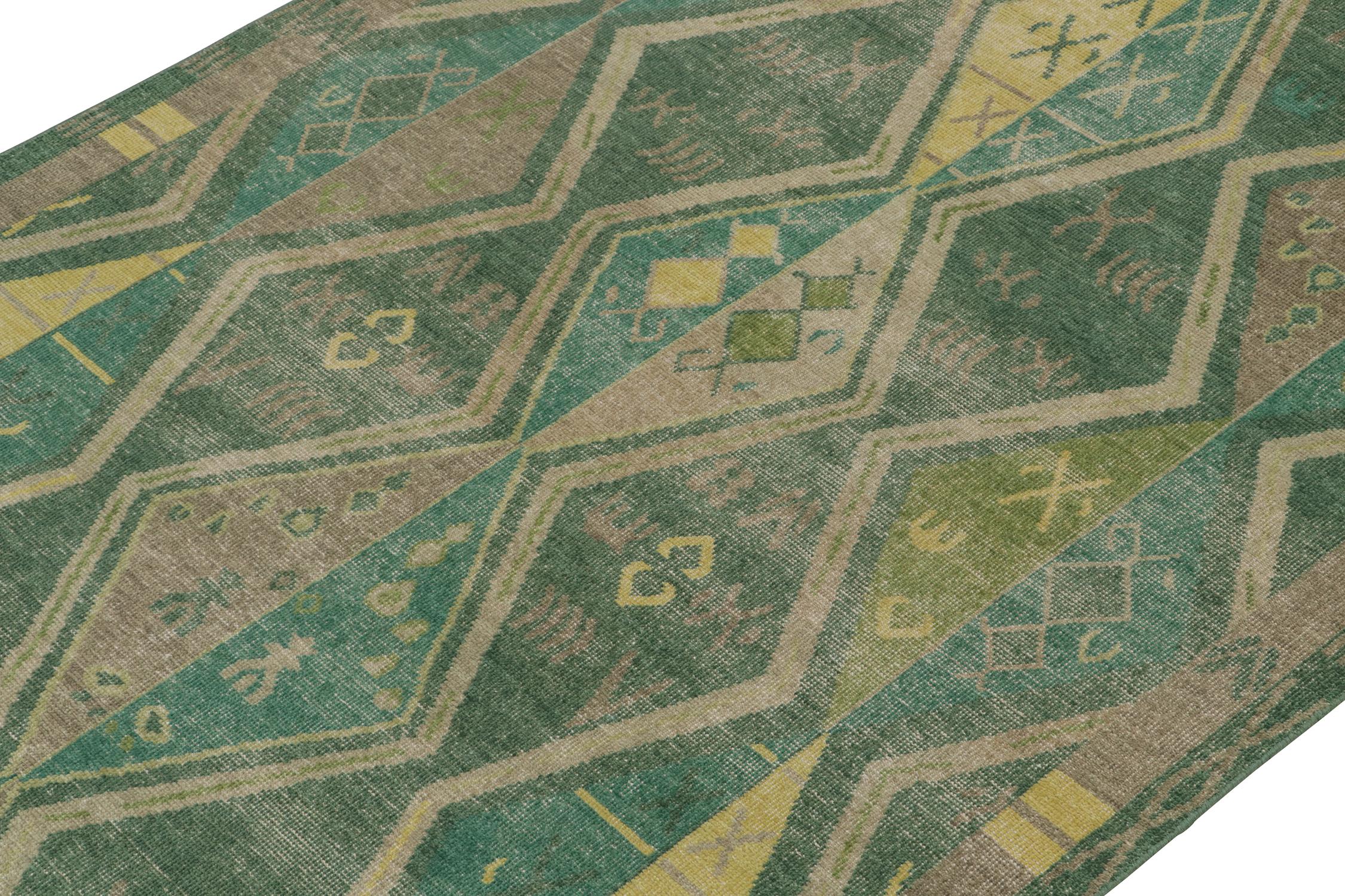 Hand-Knotted Rug & Kilim’s Distressed Style Rug in Green & Brown Geometric Patterns For Sale