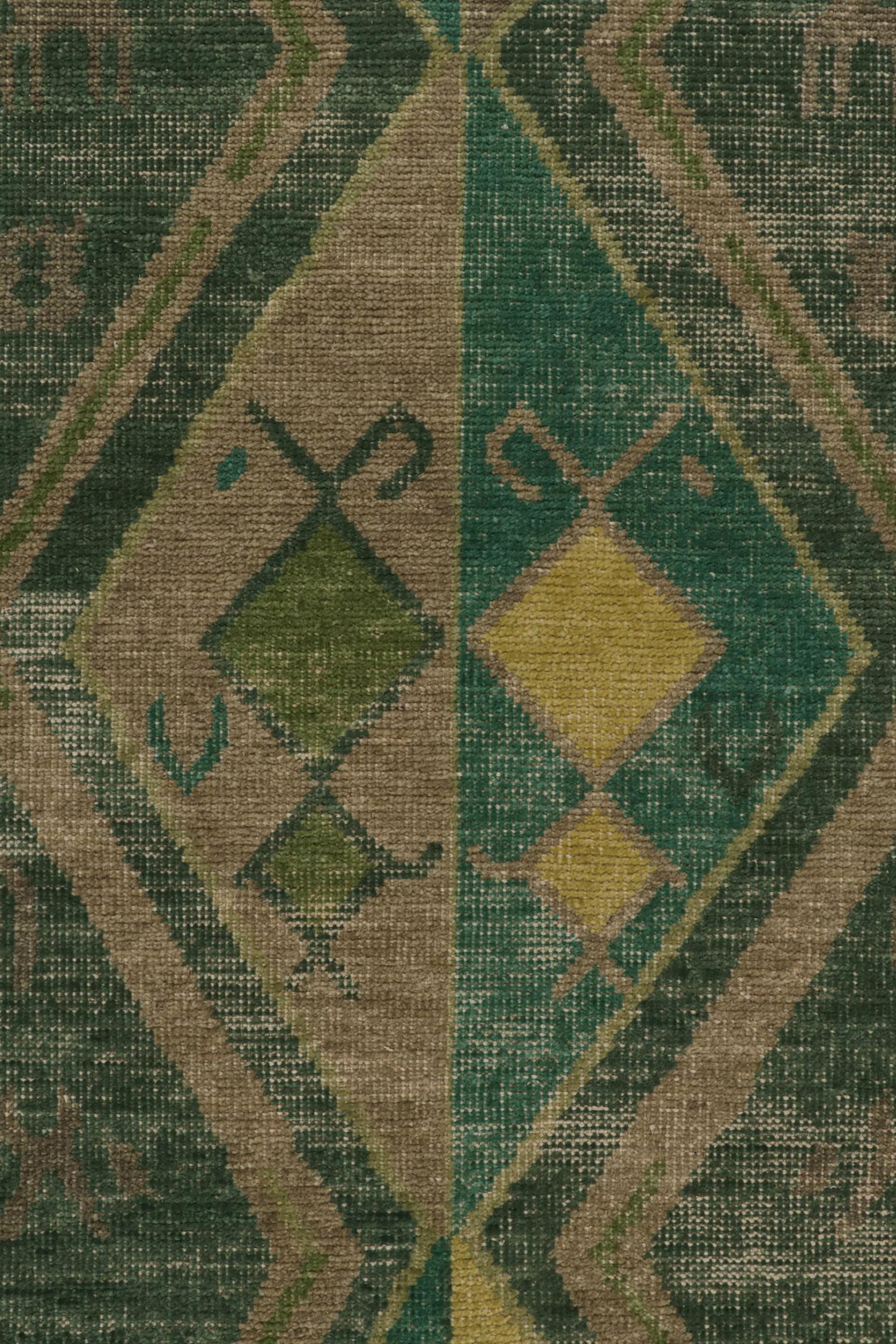 Contemporary Rug & Kilim’s Distressed Style Rug in Green & Brown Geometric Patterns For Sale
