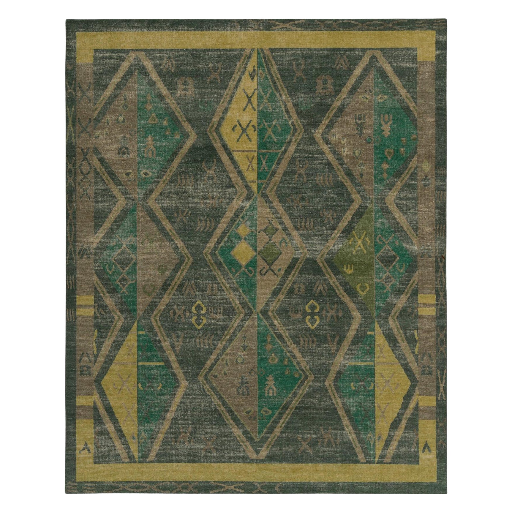 Rug & Kilim’s Distressed Style Rug in Green & Brown Geometric Patterns