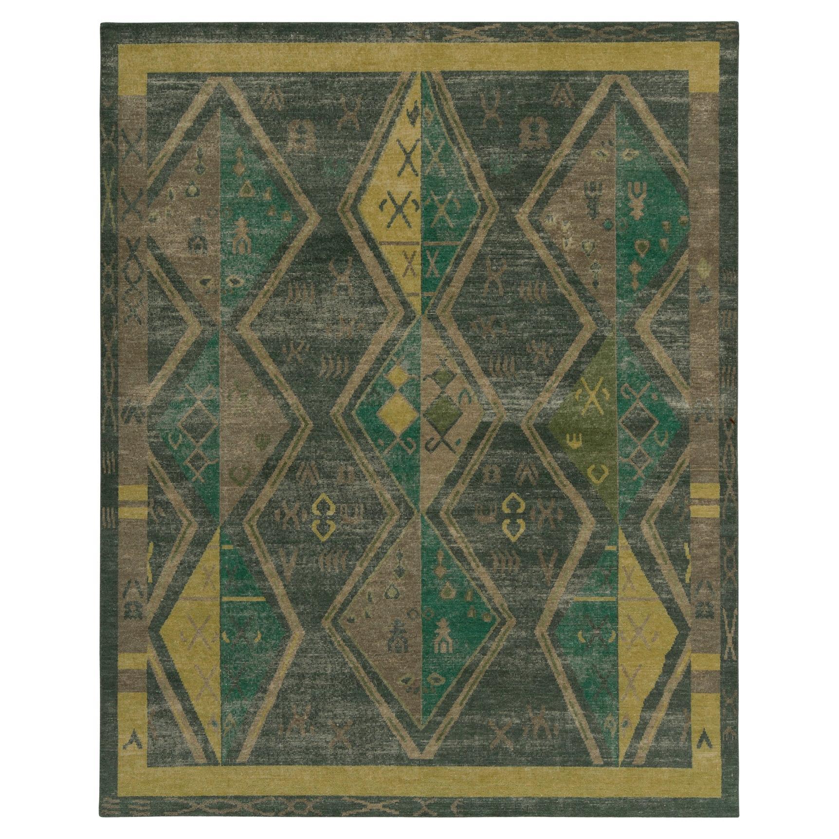 Rug & Kilim’s Distressed Style Rug in Green & Brown Geometric Patterns For Sale