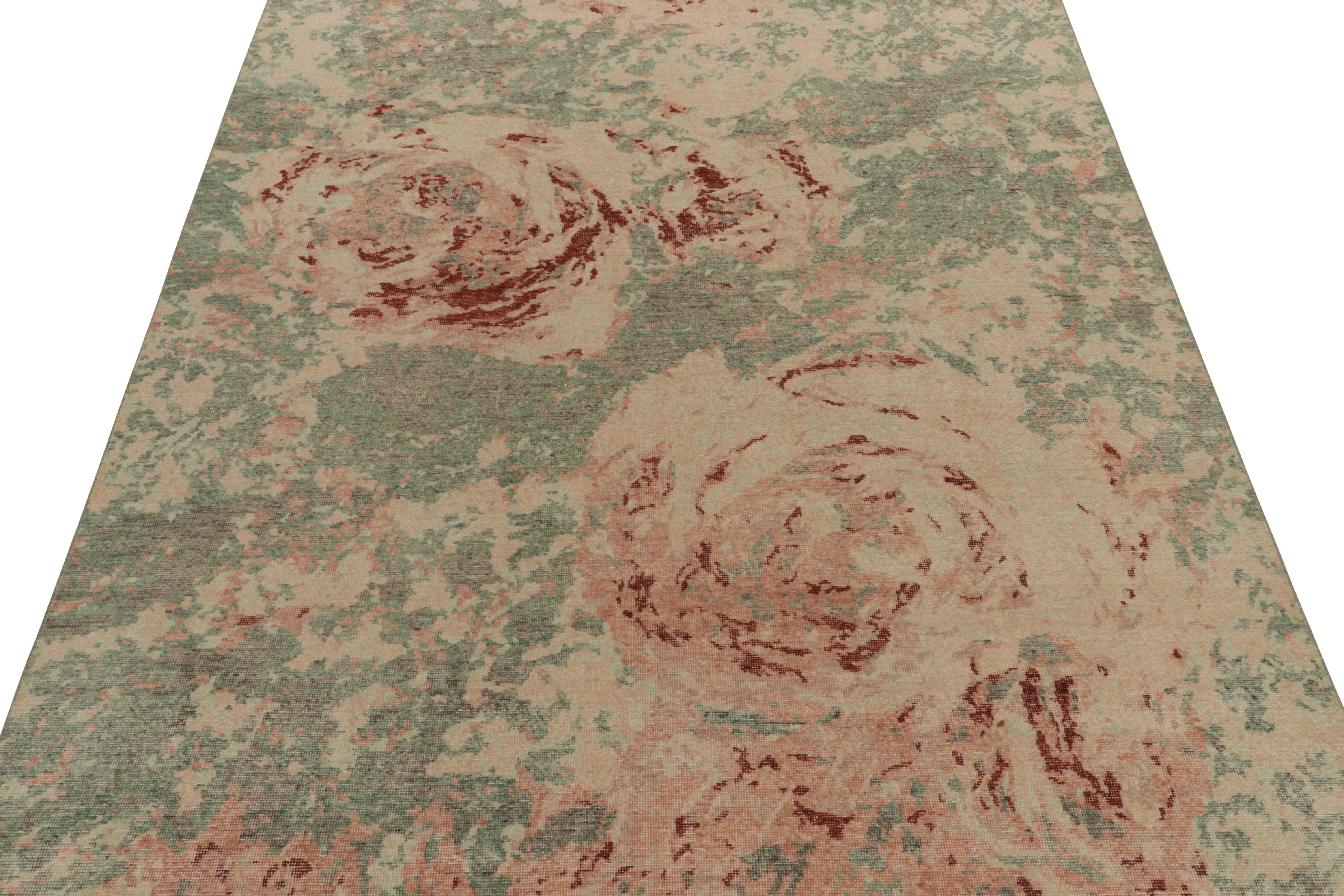 Modern Rug & Kilim’s Distressed Style Rug in Green, Pink Abstract Expressionist Pattern For Sale