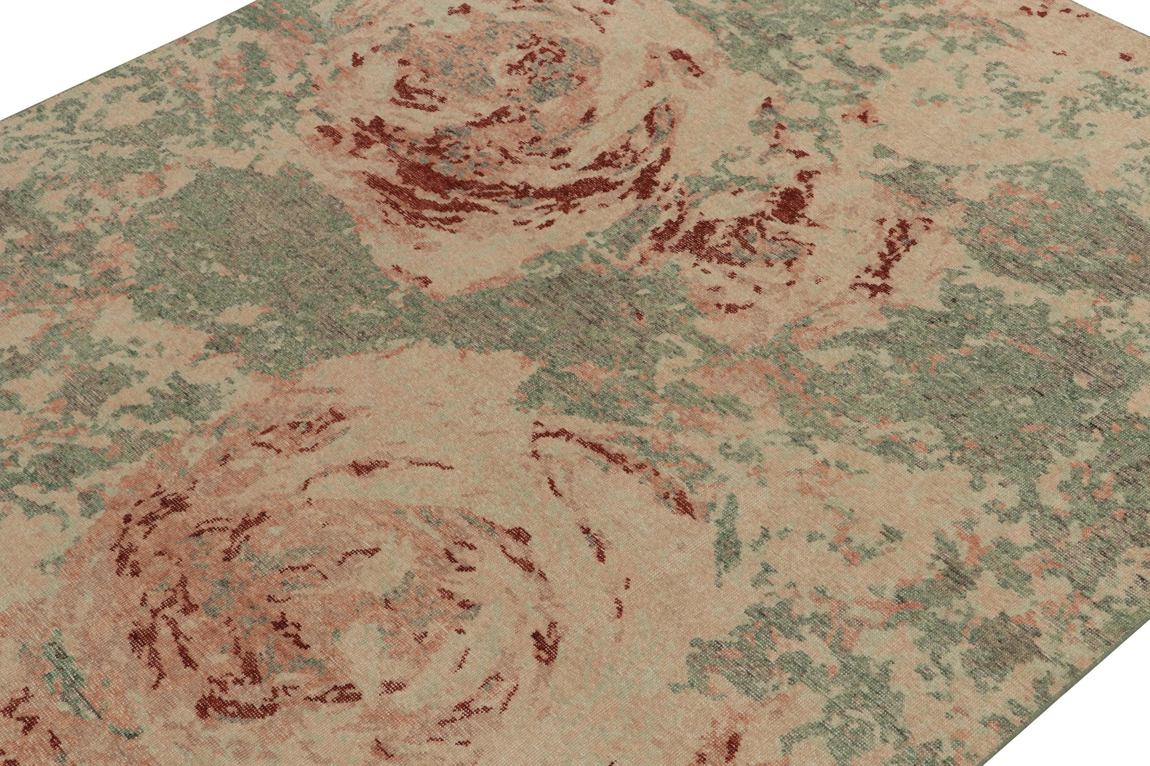 Rug & Kilim's Distressed Style Teppich in Grün, Rosa Abstraktes Expressionist-Muster (Indisch) im Angebot