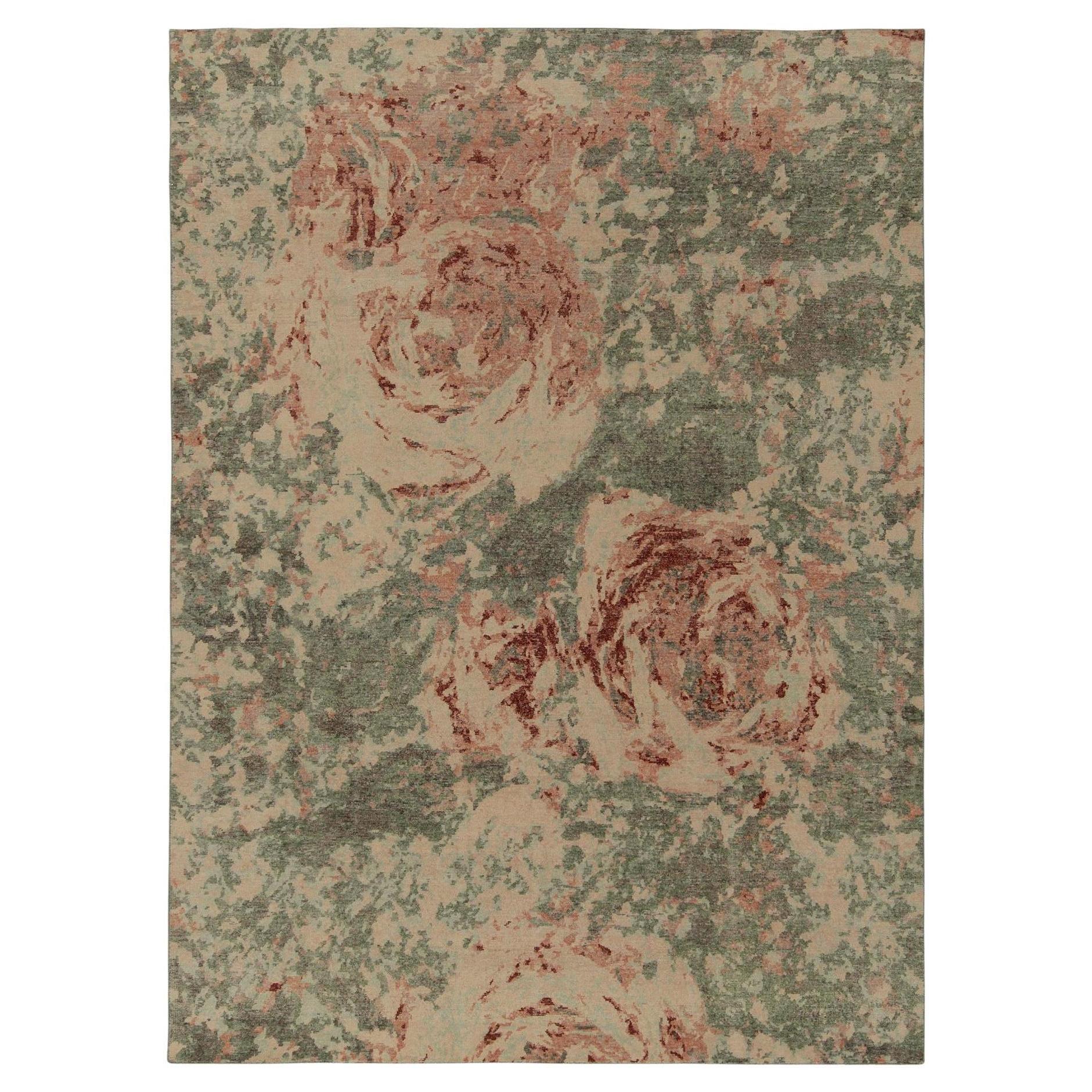Rug & Kilim’s Distressed Style Rug in Green, Pink Abstract Expressionist Pattern