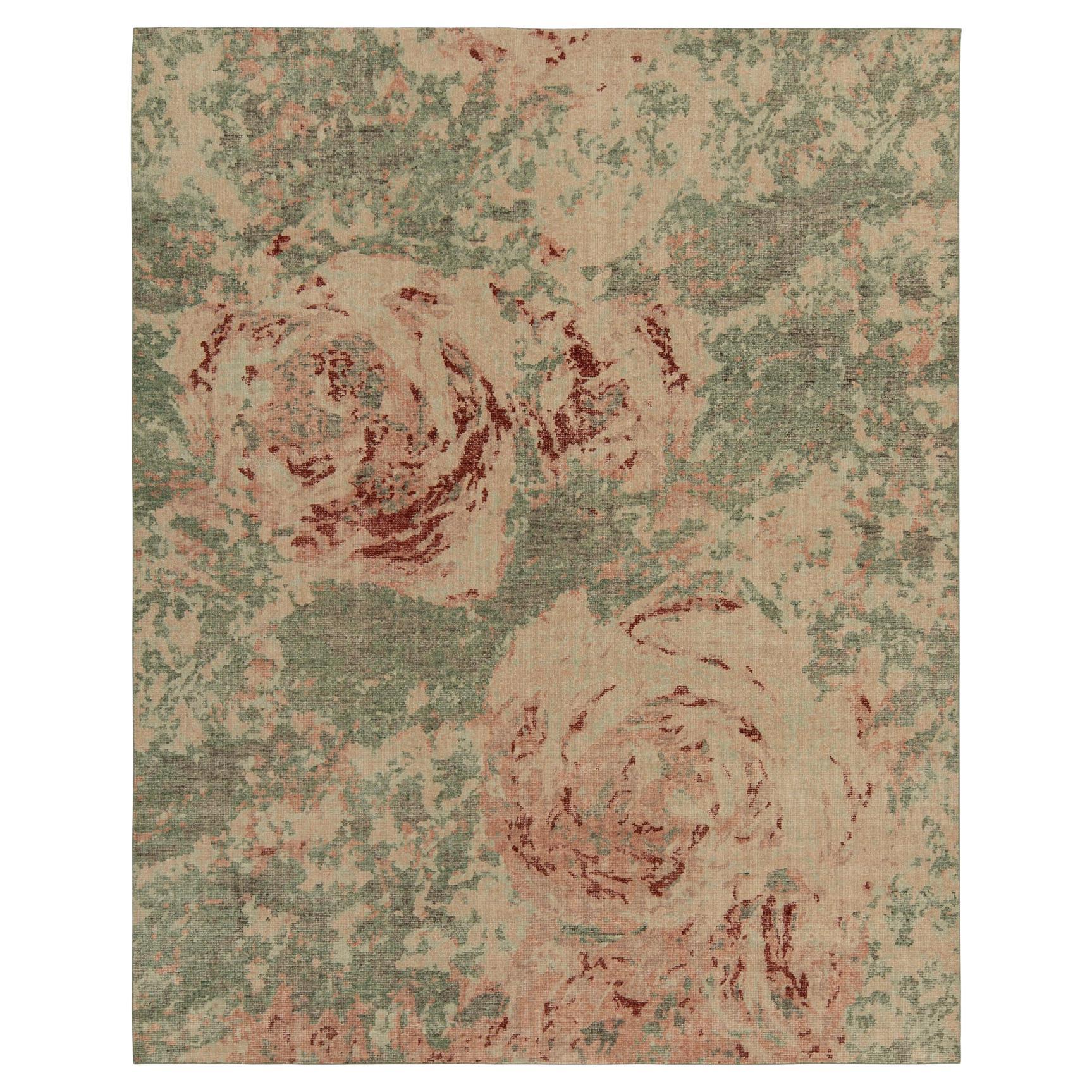 Rug & Kilim’s Distressed Style Rug in Green, Pink Abstract Expressionist Pattern For Sale