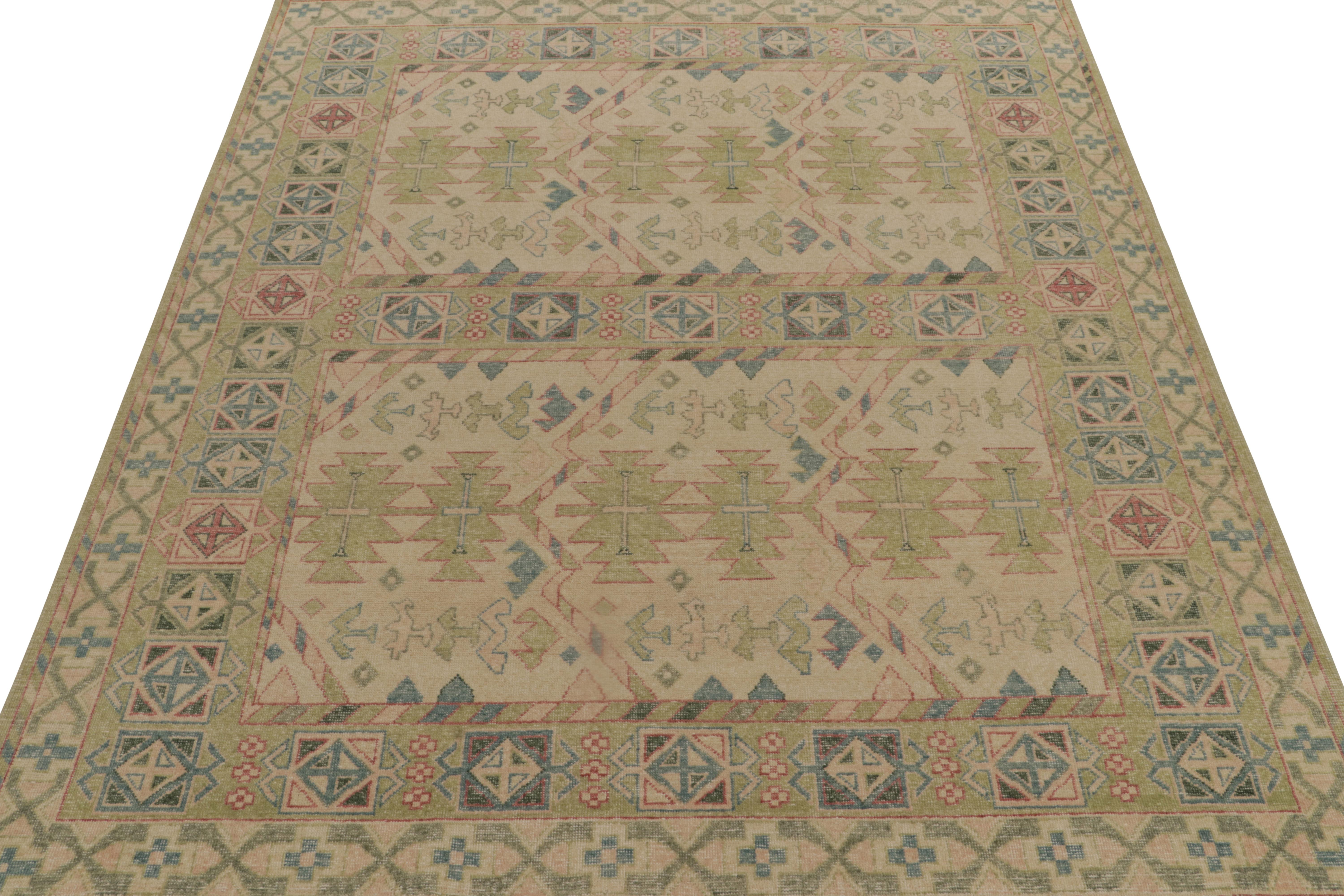 Indian Rug & Kilim’s Distressed Style Rug in Green, Pink and Blue Tribal Patterns For Sale