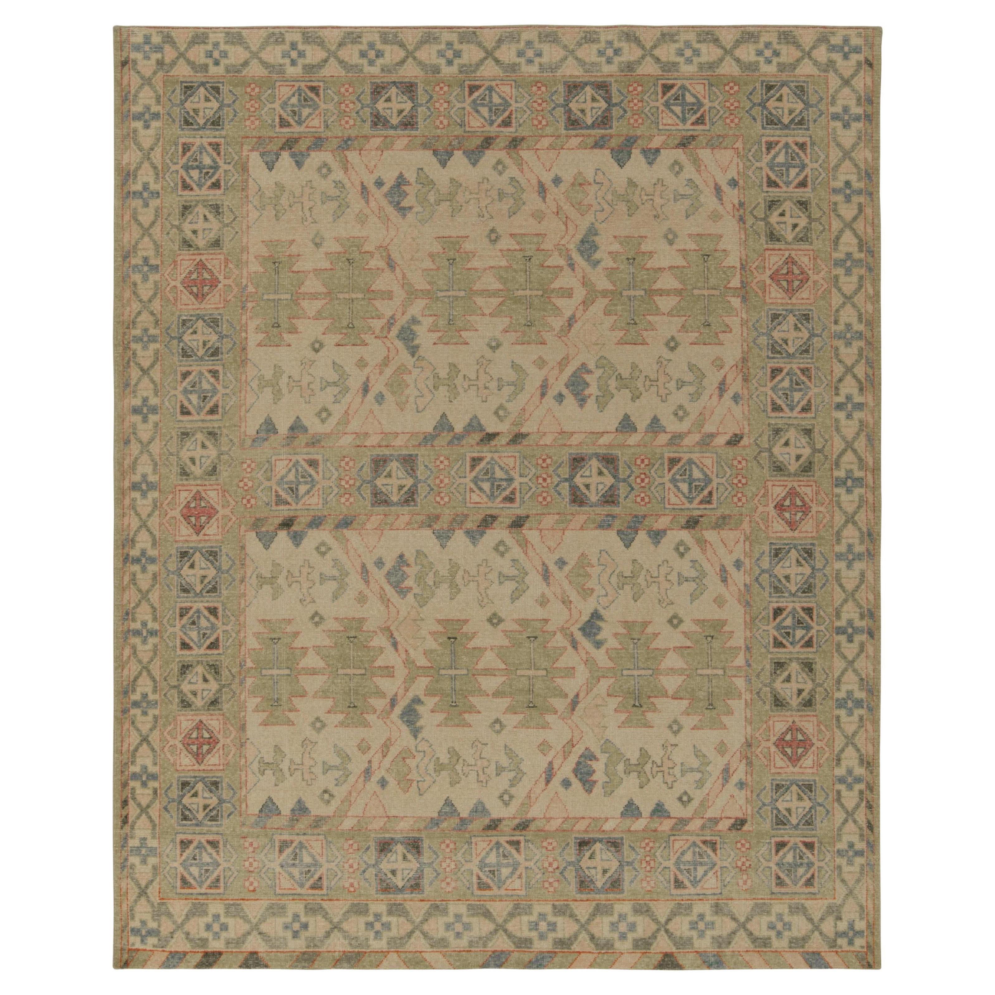 Rug & Kilim’s Distressed Style Rug in Green, Pink and Blue Tribal Patterns For Sale