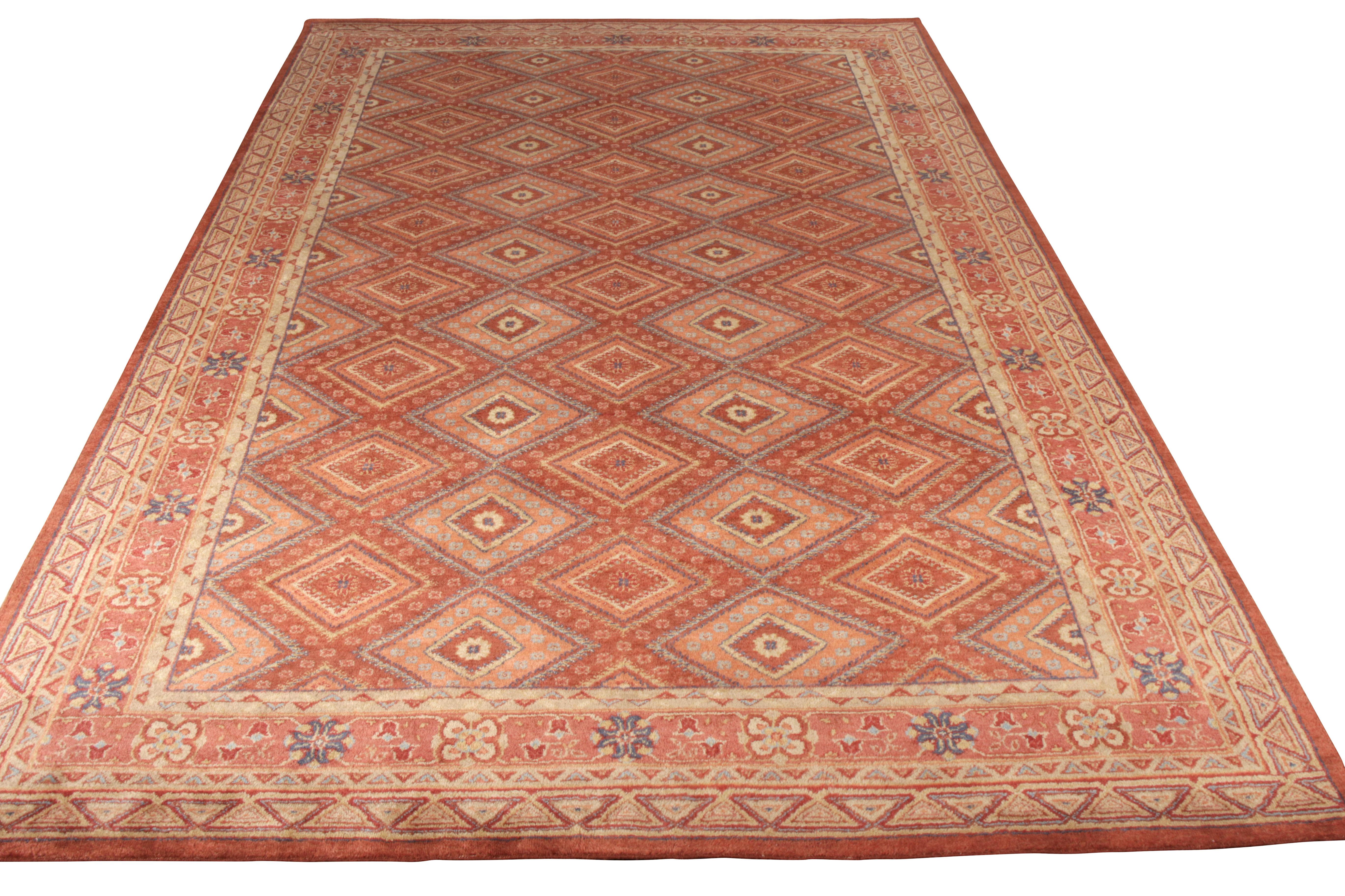 A 9 x 14 ode to classic style, Rug & Kilim rejoices as this distressed entry makes way to the team’s acclaimed Homage Collection. Inspired by traditional geometric design and colorway, the field witnesses a symmetric geometric pattern that comes to