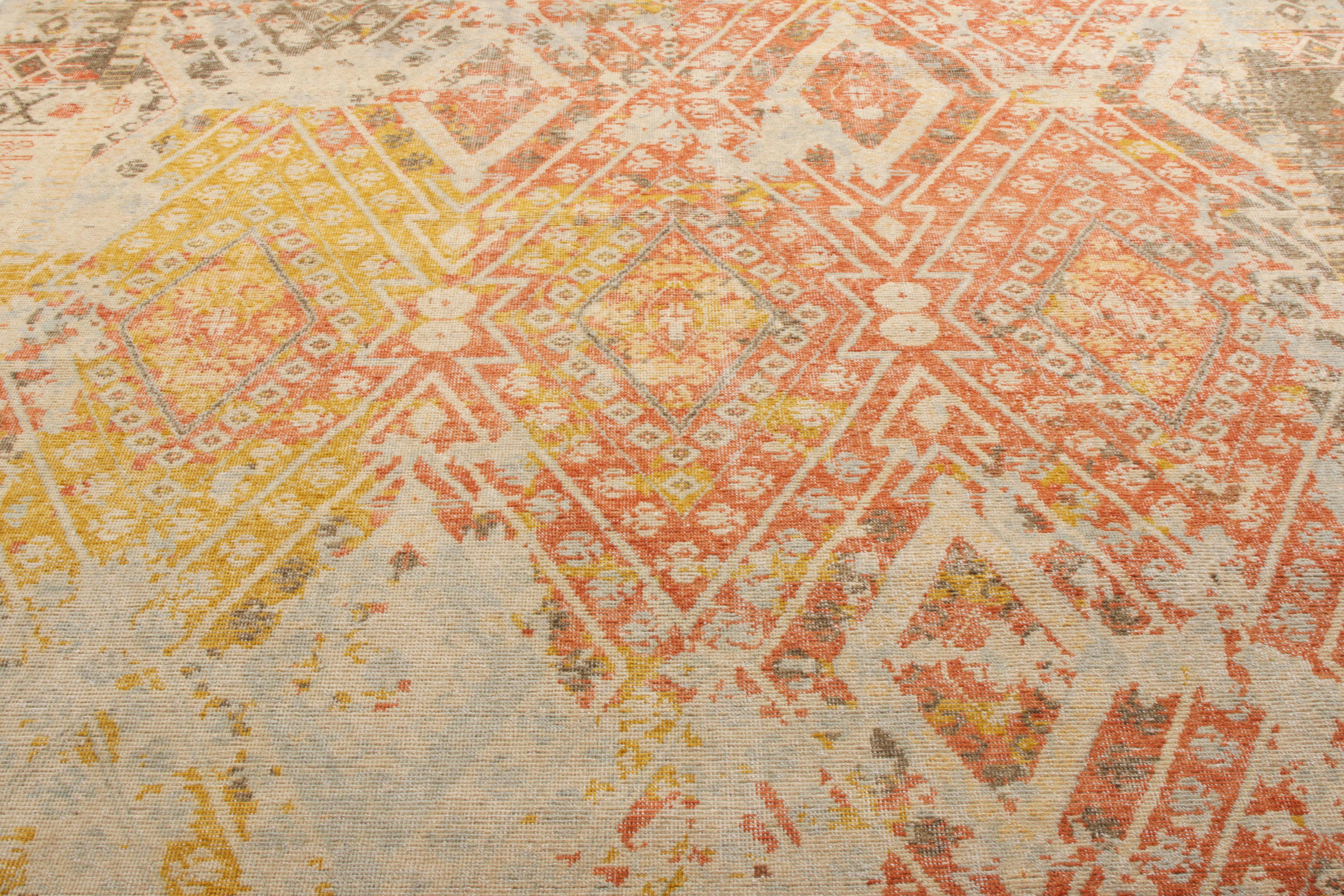 Indian Rug & Kilim’s Distressed Style Rug in Orange, Red Geometric Pattern For Sale