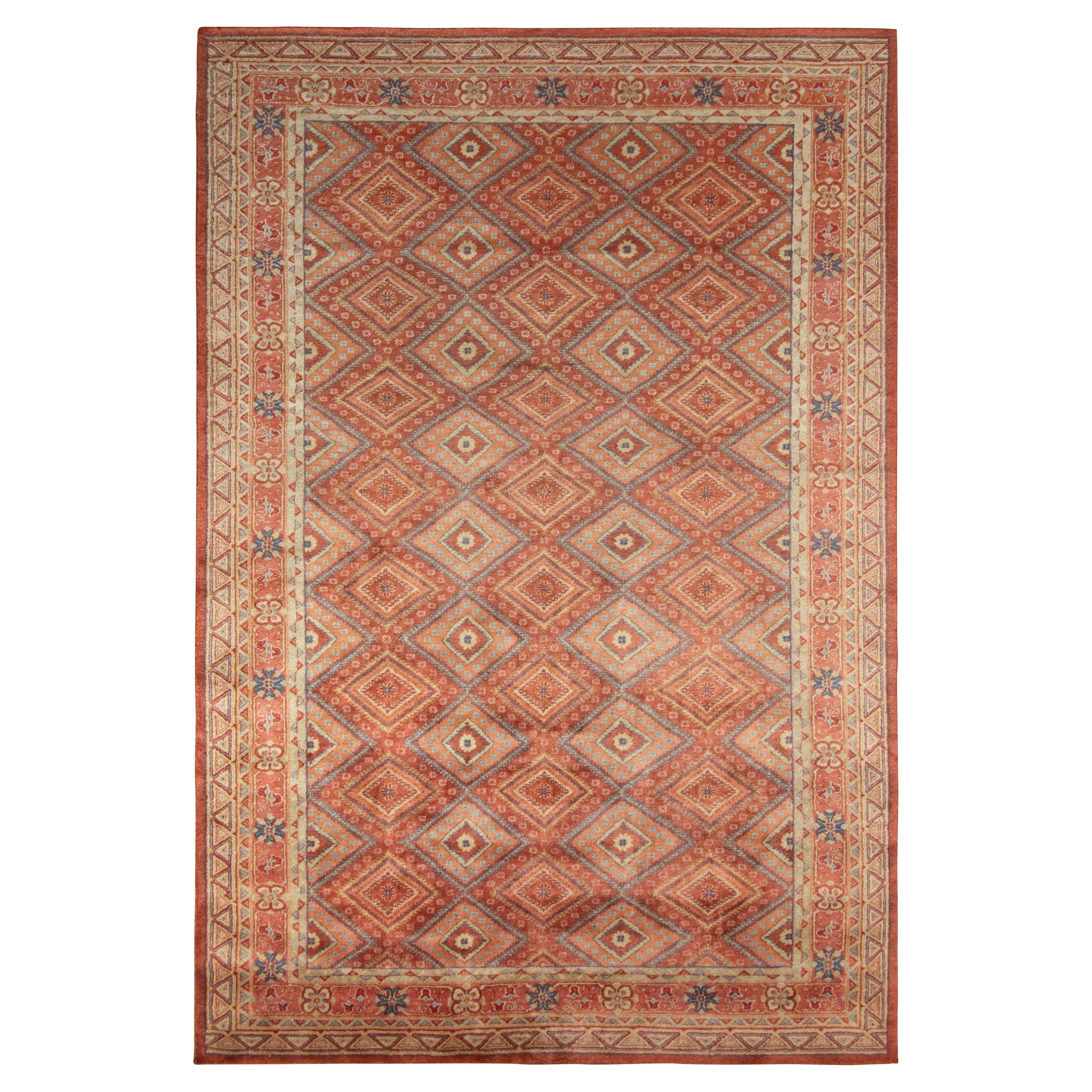 Rug & Kilim’s Distressed Style Rug in Orange, Red Geometric Pattern For Sale