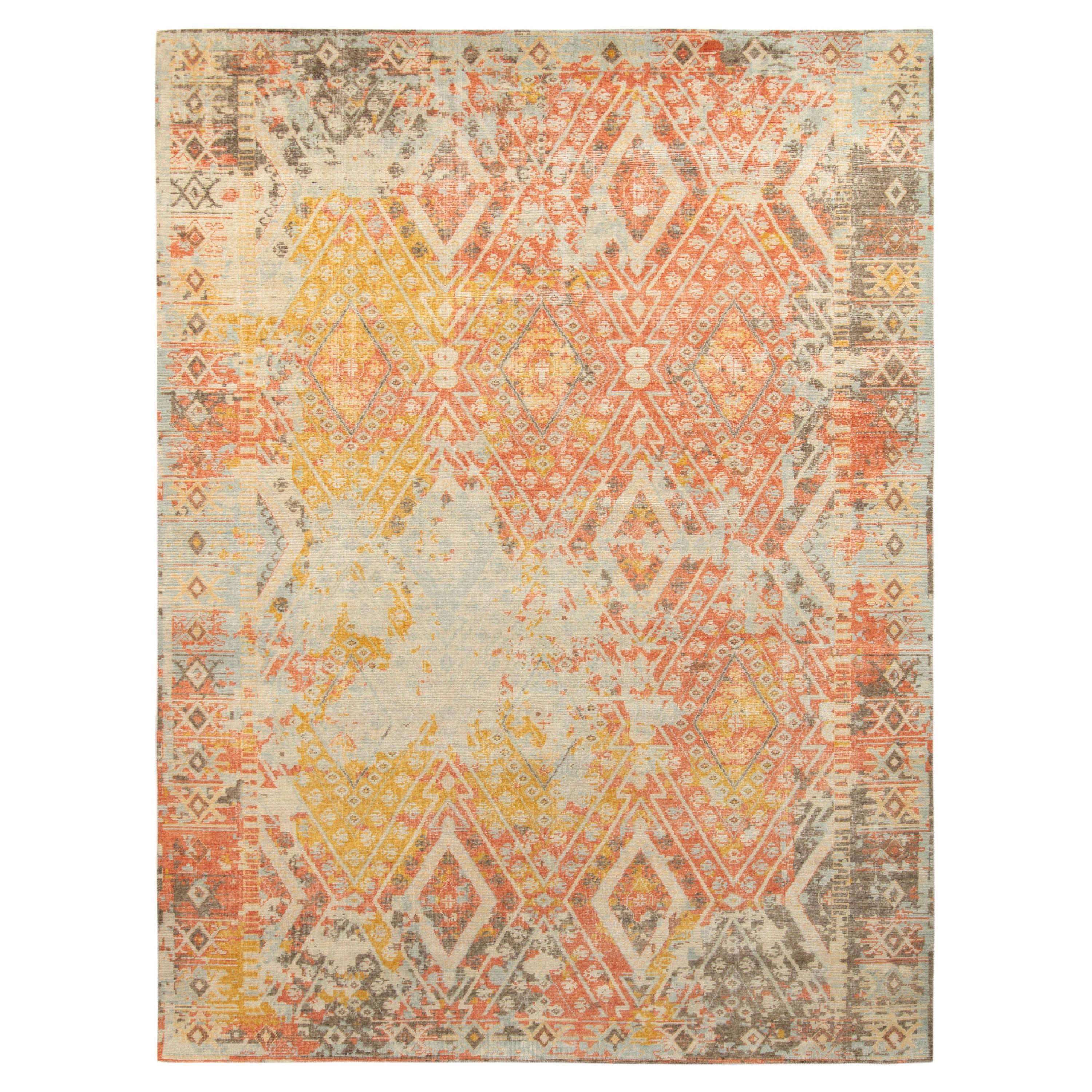 Rug & Kilim’s Distressed Style Rug in Orange, Red Geometric Pattern For Sale