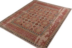 Rug & Kilim’s Distressed Style Rug in Red and Beige Brown Geometric Pattern