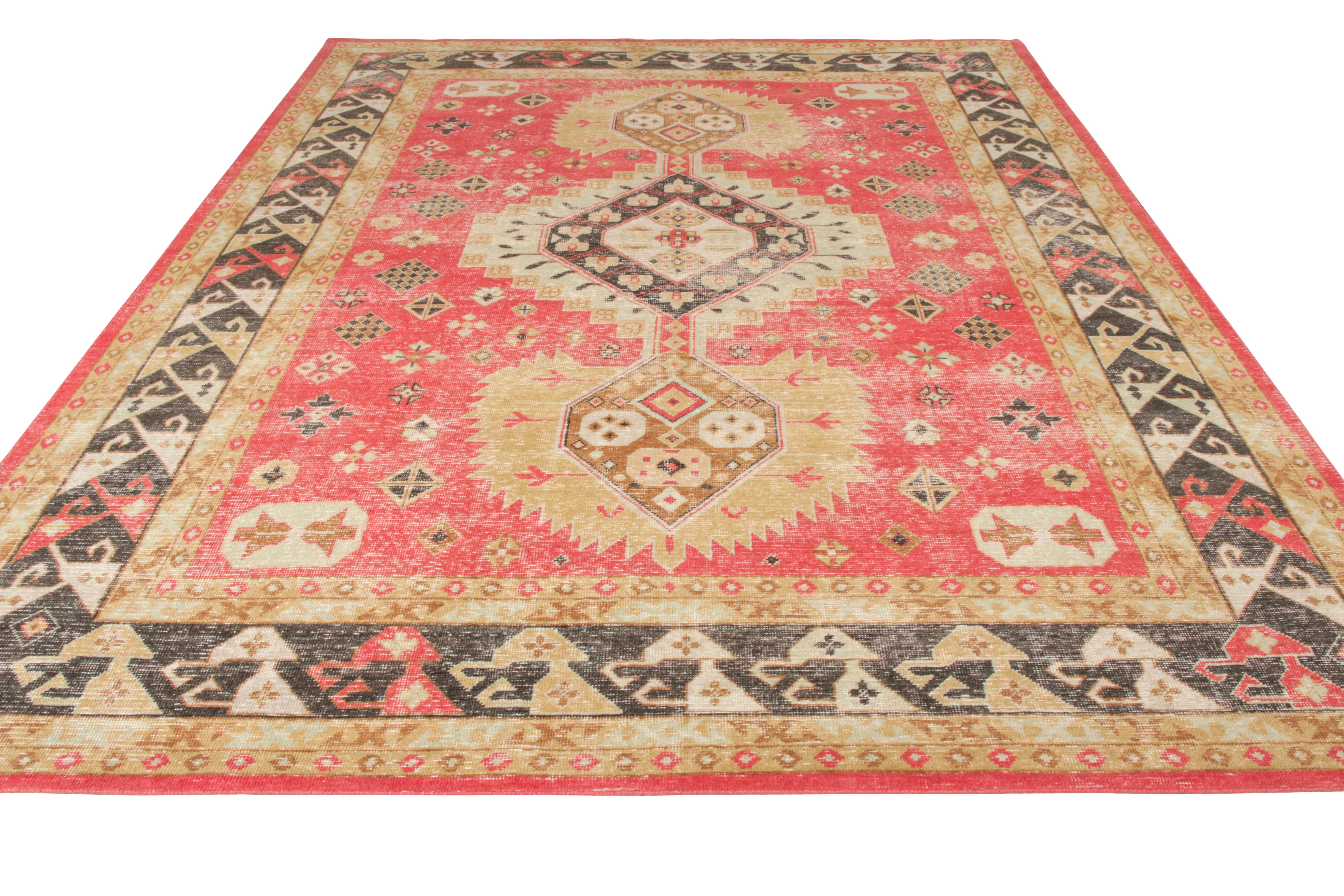 A 9 x 11 distressed style rug joining Rug & Kilim’s Homage collection. Hand knotted in wool, the rug portrays a new language of design where the field is elaborated by a standalone design sitting majestically in striking hues of red, beige-brown,