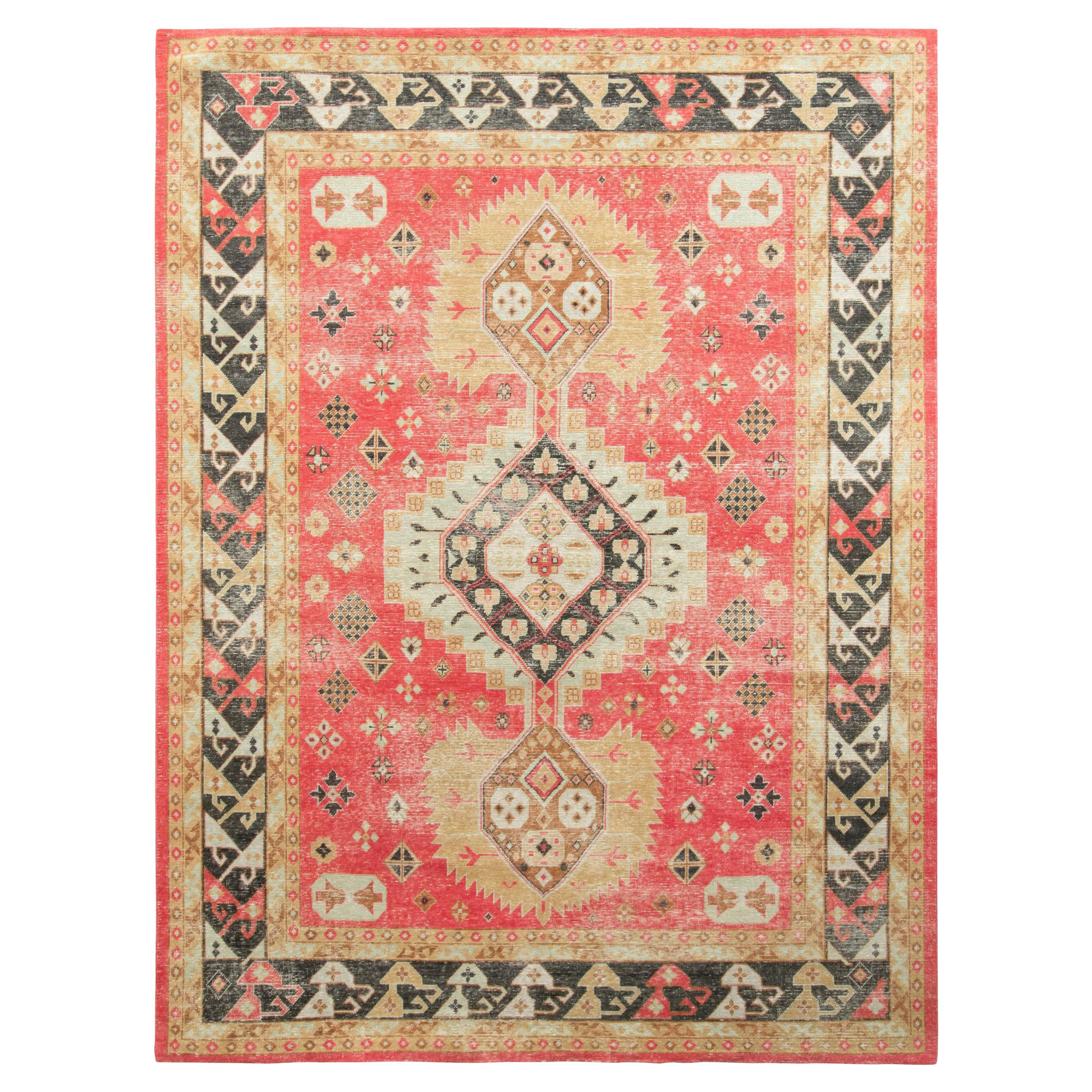 Rug & Kilim’s Distressed Style Rug in Red and Beige-Brown Geometric Pattern For Sale